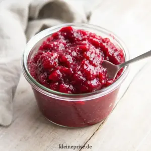 Low Carb Cranberry Sauce einfach selber machen Low Carb Cranberry Sauce im Glas mit Löffel