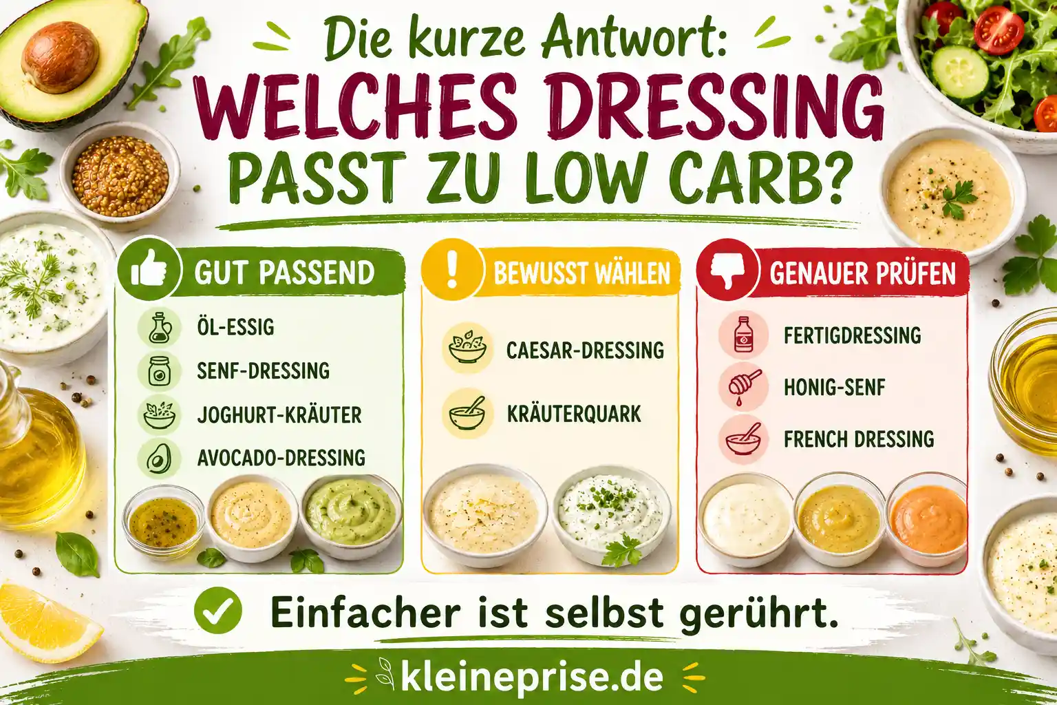 Die kurze Antwort: Welches Dressing passt zu Low Carb? Infografik erklärt, welches Dressing zu Low Carb passt, mit Ampel-Übersicht für Öl-Essig-Dressing, Senf-Dressing, Joghurt-Kräuter-Dressing, Avocado-Dressing und Fertigdressings.