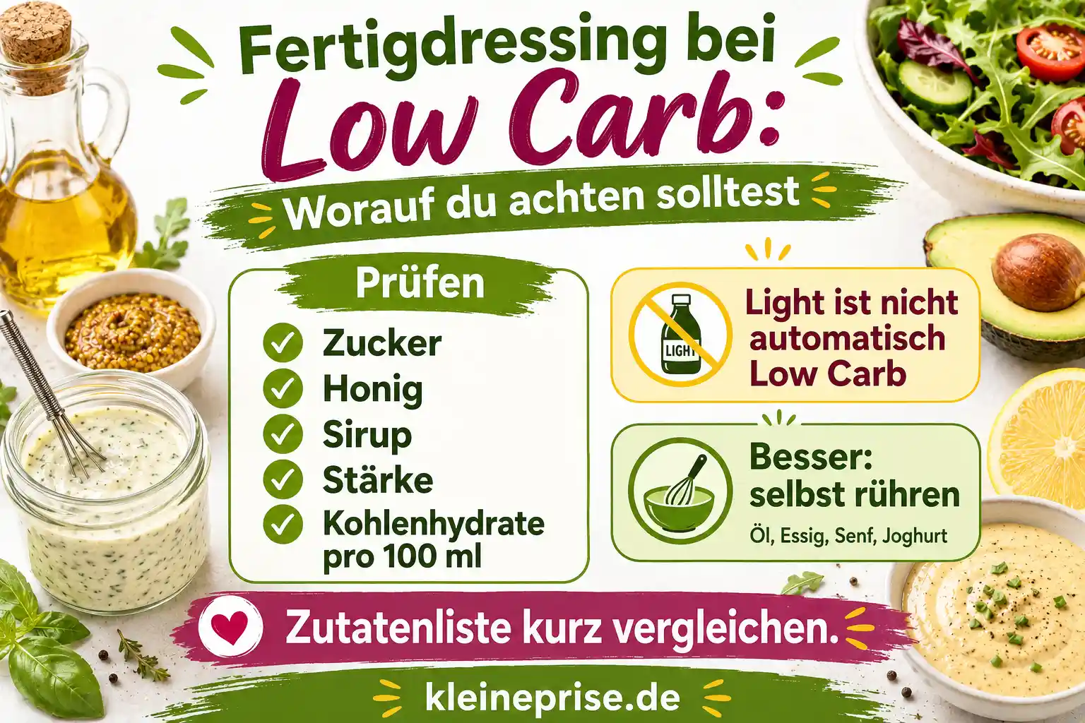 Fertigdressing bei Low Carb: Worauf du achten solltest Infografik zeigt, worauf man bei Fertigdressing bei Low Carb achten sollte, darunter Zucker, Honig, Sirup, Stärke und Kohlenhydrate pro 100 ml.