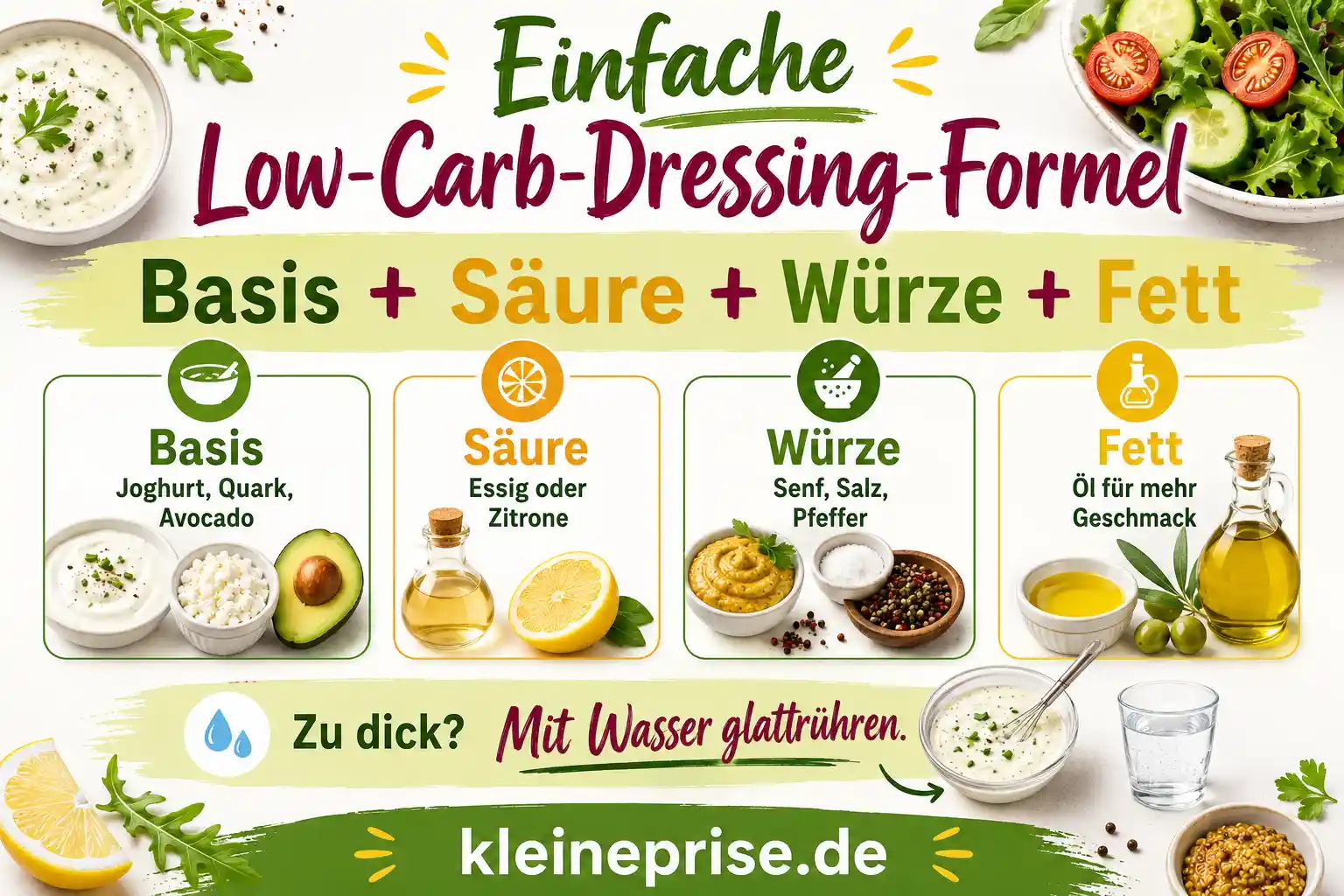 Einfache Low-Carb-Dressing-Formel Infografik zeigt die einfache Low-Carb-Dressing-Formel aus Basis, Säure, Würze und Fett mit Beispielen wie Joghurt, Quark, Avocado, Essig, Zitrone, Senf und Öl.