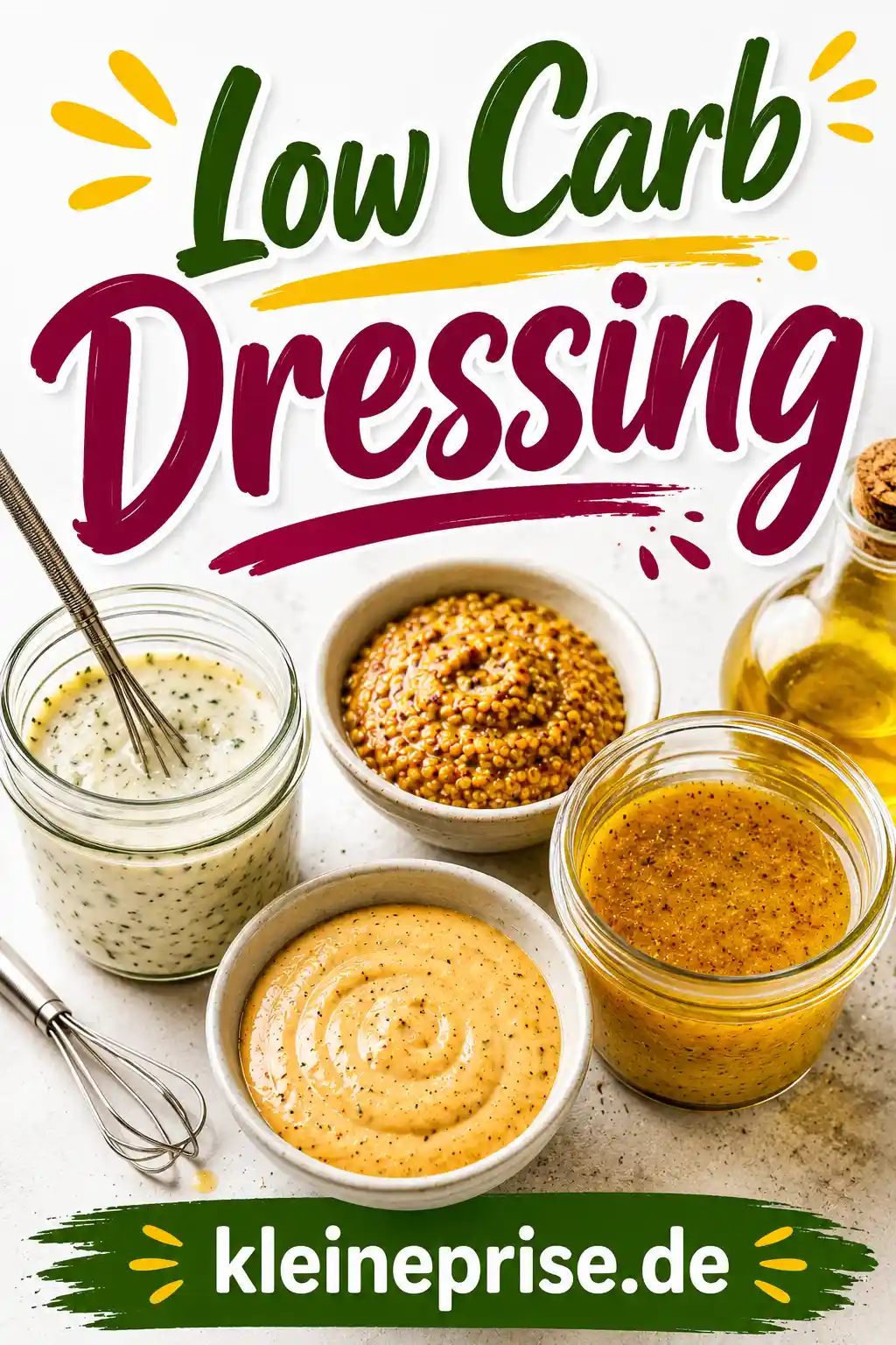Low Carb Dressing Pinterest Pin Pinterest-Grafik mit dem Schriftzug Low Carb Dressing, verschiedenen Dressings in Schalen und Gläsern sowie dem Webseitennamen kleineprise.de.