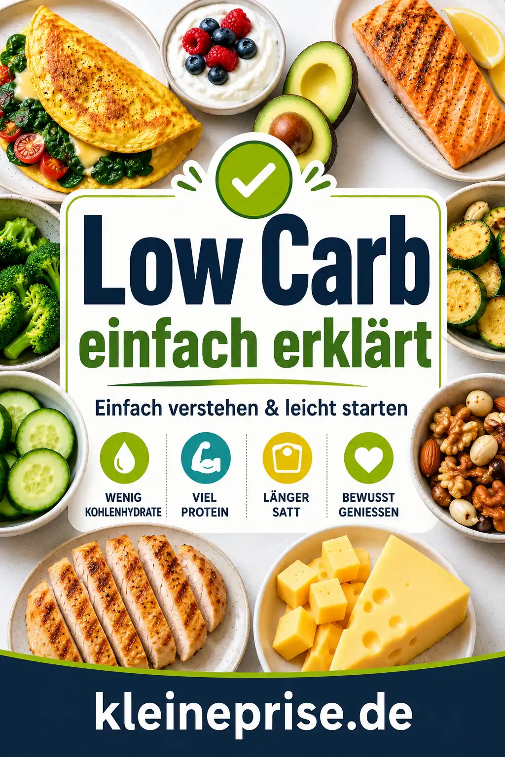 Low Carb einfach erklärt Pinterest Pinterest-Grafik zu Low Carb einfach erklärt mit Lebensmitteln wie Omelett, Avocado, Lachs, Gemüse, Käse und Nüssen