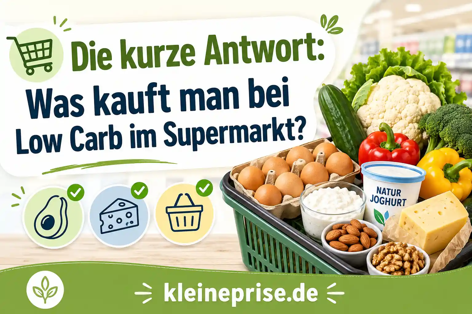 Die kurze Antwort – Was kauft man bei Low Carb im Supermarkt? Infografik zur Frage, was man bei Low Carb im Supermarkt kauft, mit Einkaufskorb, Eiern, Käse, Gemüse, Quark, Joghurt und Nüssen