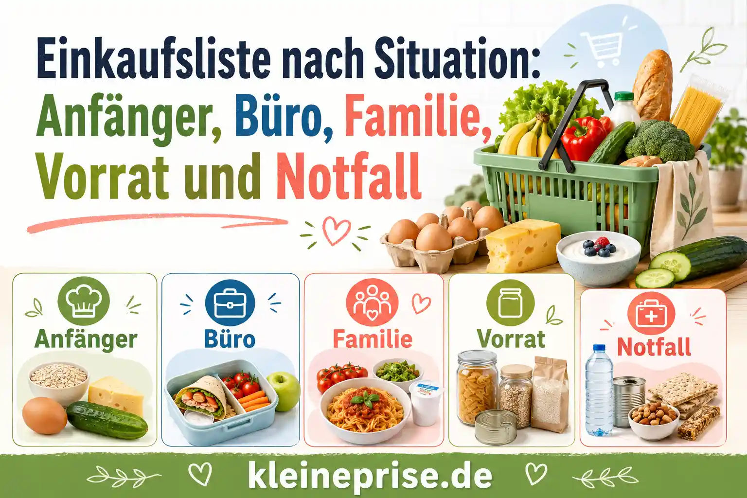 Einkaufsliste nach Situation – Anfänger, Büro, Familie, Vorrat und Notfall Infografik zur Low-Carb-Einkaufsliste nach Situation mit Anfänger, Büro, Familie, Vorrat und Notfall