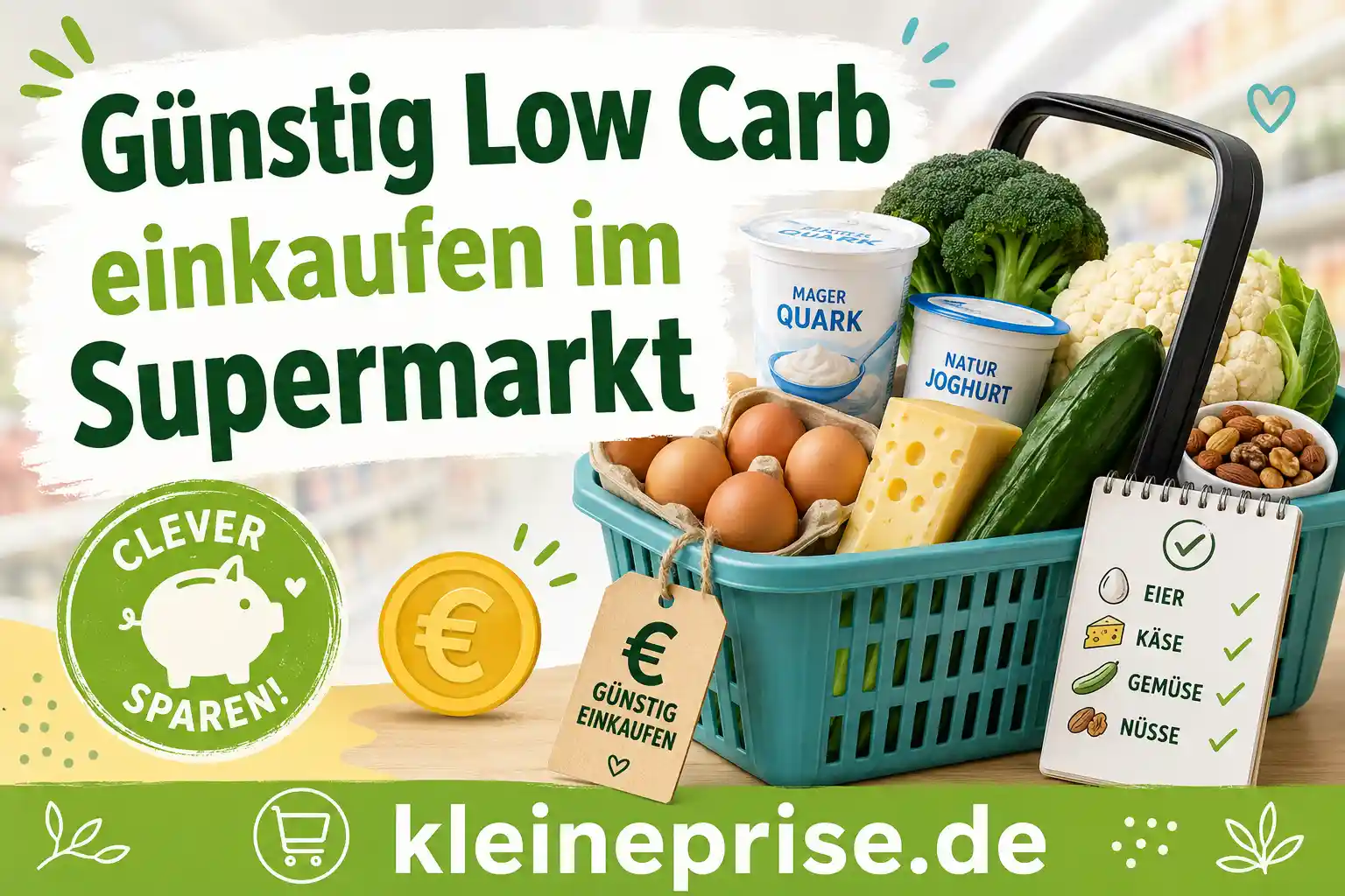 Günstig Low Carb einkaufen im Supermarkt Infografik zu günstig Low Carb einkaufen im Supermarkt mit Einkaufskorb, Eiern, Quark, Joghurt, Käse, Gurke, Brokkoli, Blumenkohl, Nüssen und Sparsymbolen