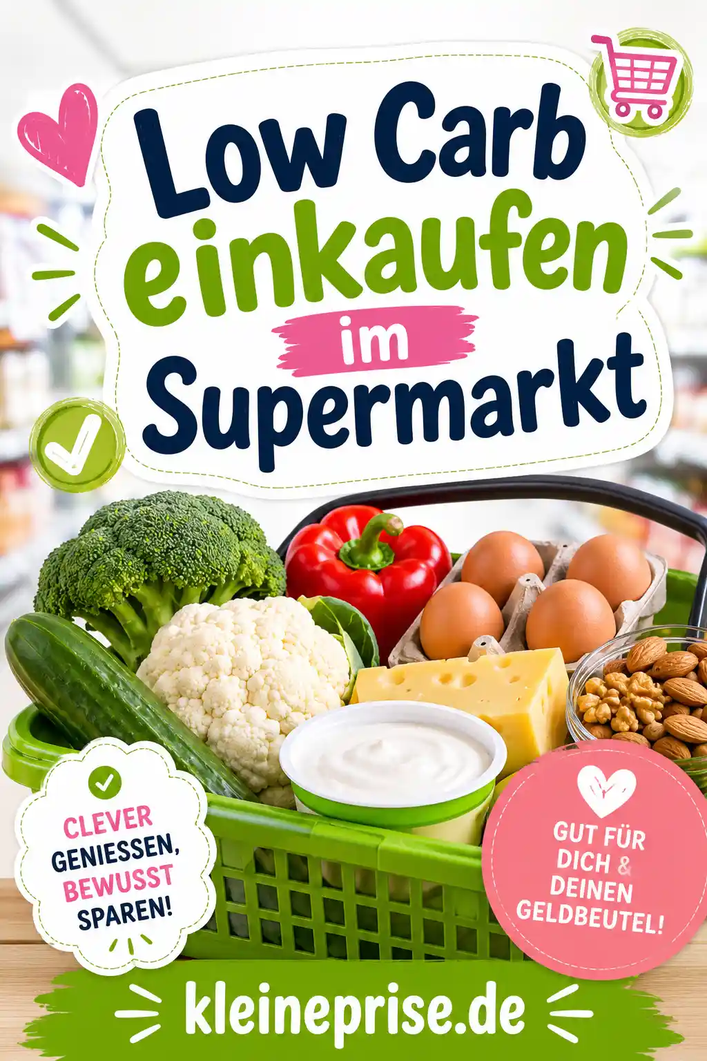 Low Carb einkaufen im Supermarkt – Pinterest Bild Pinterest-Grafik zu Low Carb einkaufen im Supermarkt mit großem Titel, Einkaufskorb, Eiern, Käse, Gurke, Brokkoli, Blumenkohl, Paprika, Quark und Nüssen