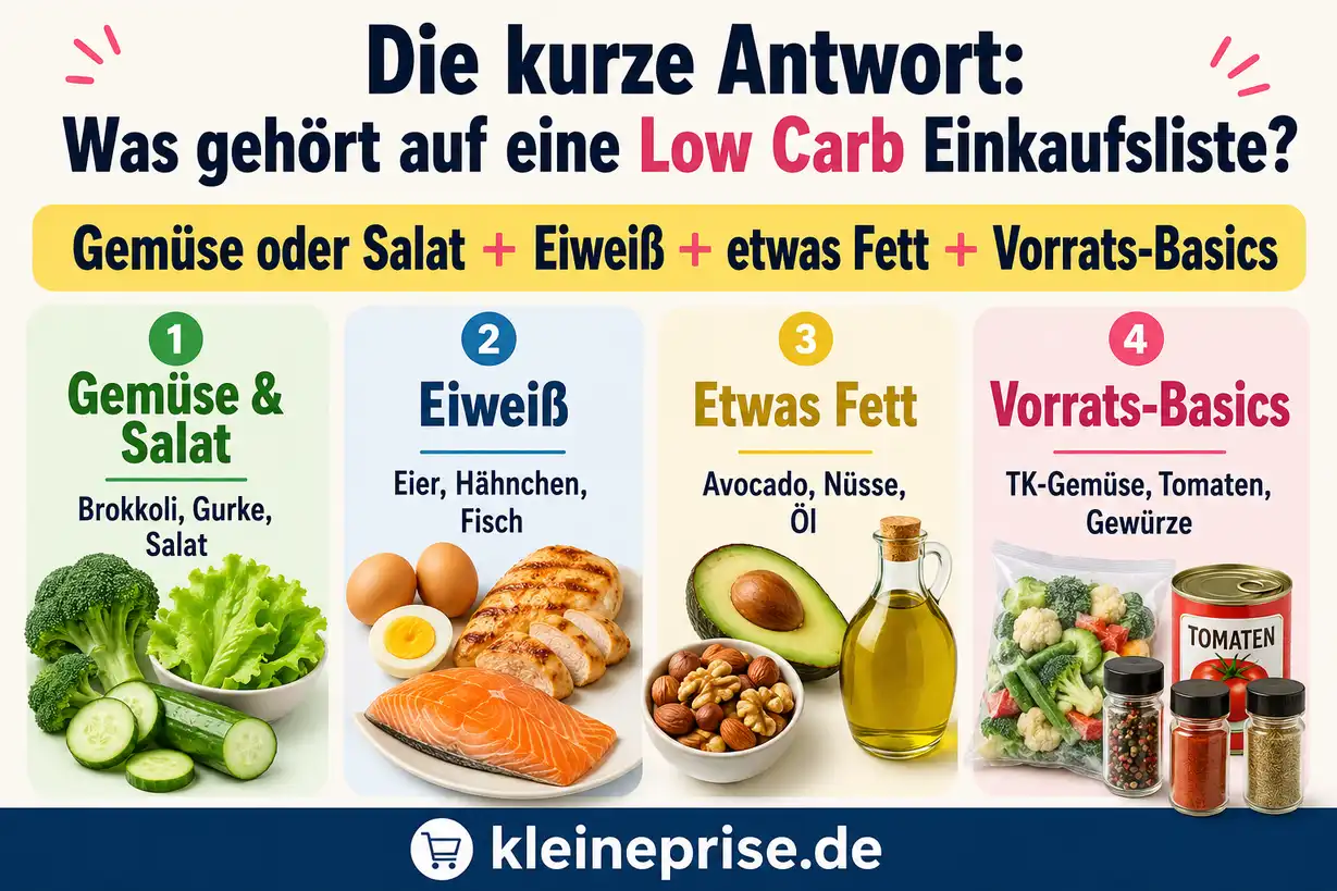 Die kurze Antwort: Was gehört auf eine Low Carb Einkaufsliste? Infografik erklärt, was auf eine Low Carb Einkaufsliste gehört: Gemüse oder Salat, Eiweiß, etwas Fett und Vorrats-Basics.
