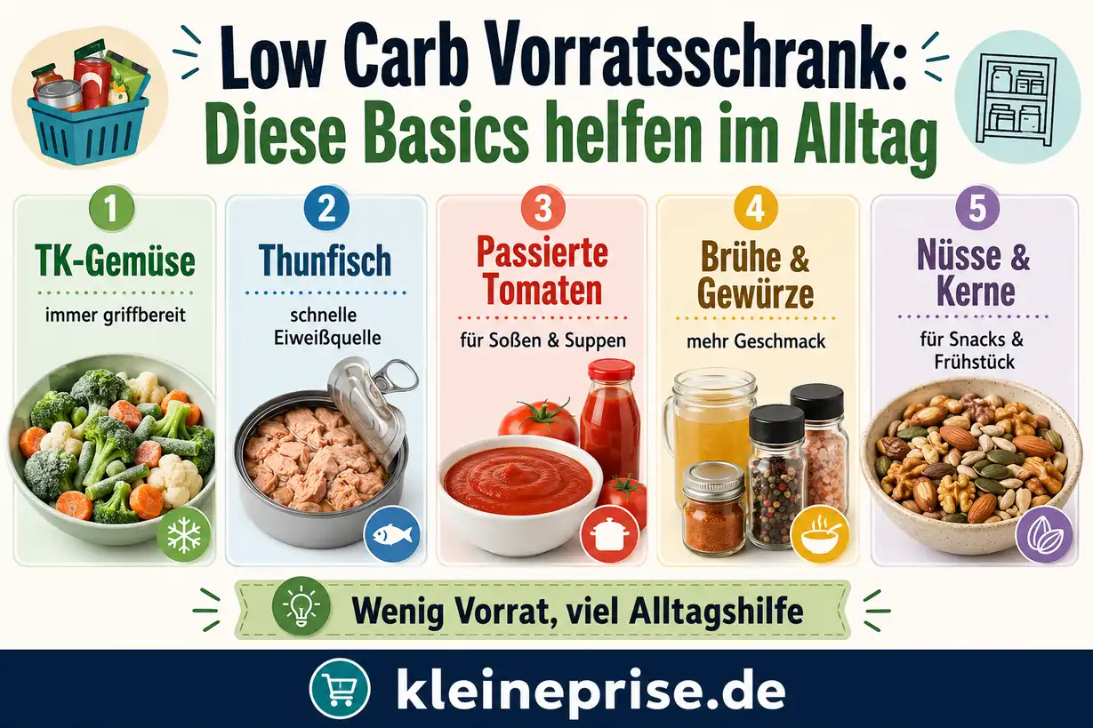 Low Carb Vorratsschrank: Diese Basics helfen im Alltag Infografik zeigt praktische Low Carb Vorrats-Basics wie TK-Gemüse, Thunfisch, passierte Tomaten, Brühe, Gewürze, Nüsse und Kerne.
