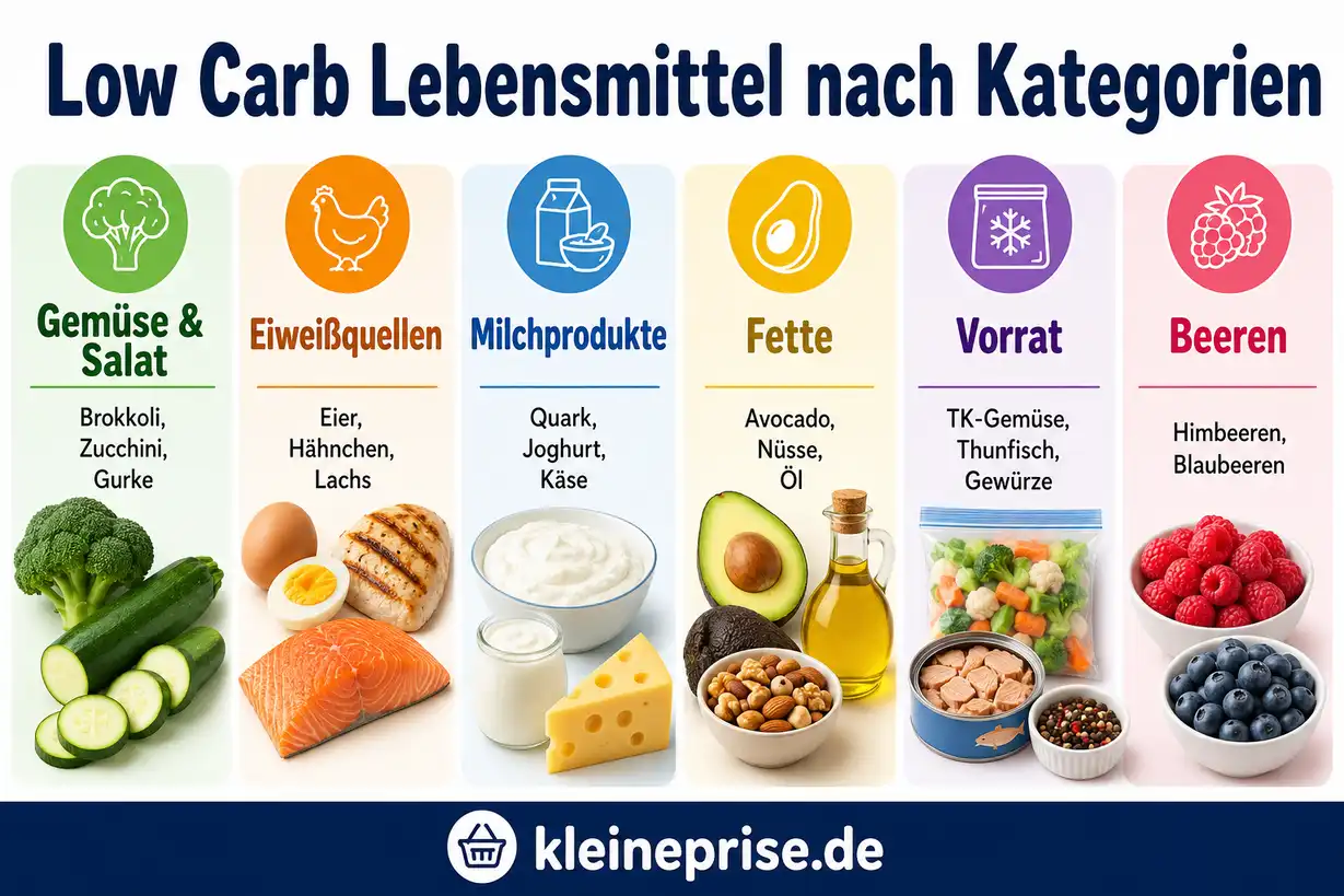 Low Carb Lebensmittel nach Kategorien Infografik zeigt Low Carb Lebensmittel nach Kategorien wie Gemüse und Salat, Eiweißquellen, Milchprodukte, Fette, Vorrat und Beeren.