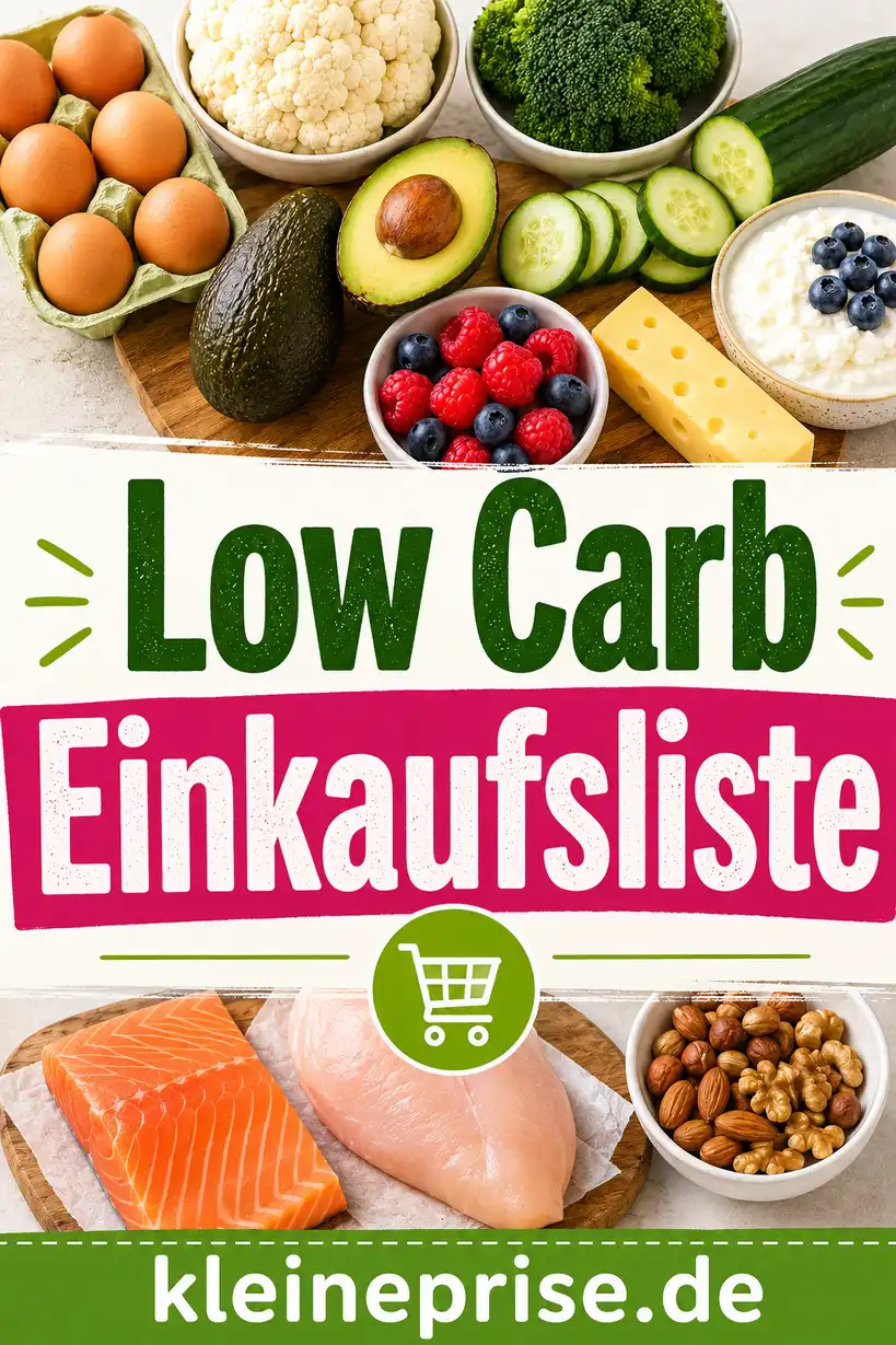 Low Carb Einkaufsliste Pinterest Pin Pinterest-Grafik mit dem Schriftzug Low Carb Einkaufsliste, passenden Low-Carb-Lebensmitteln und dem Webseitennamen kleineprise.de.