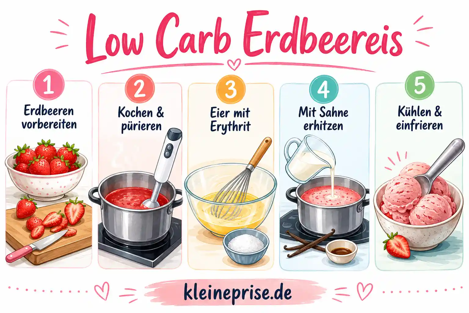 Low Carb Erdbeereis Schritt für Schritt zubereiten Schritt für Schritt Grafik für Low Carb Erdbeereis mit fünf Zubereitungsschritten