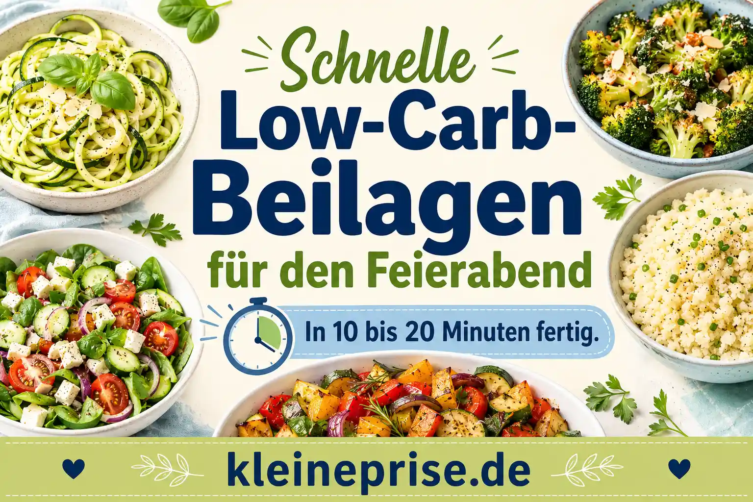 Schnelle Low-Carb-Beilagen für den Feierabend Infografik zu schnellen Low-Carb-Beilagen für den Feierabend mit Salat, Zucchini-Nudeln, Brokkoli, Blumenkohlreis und Ofengemüse