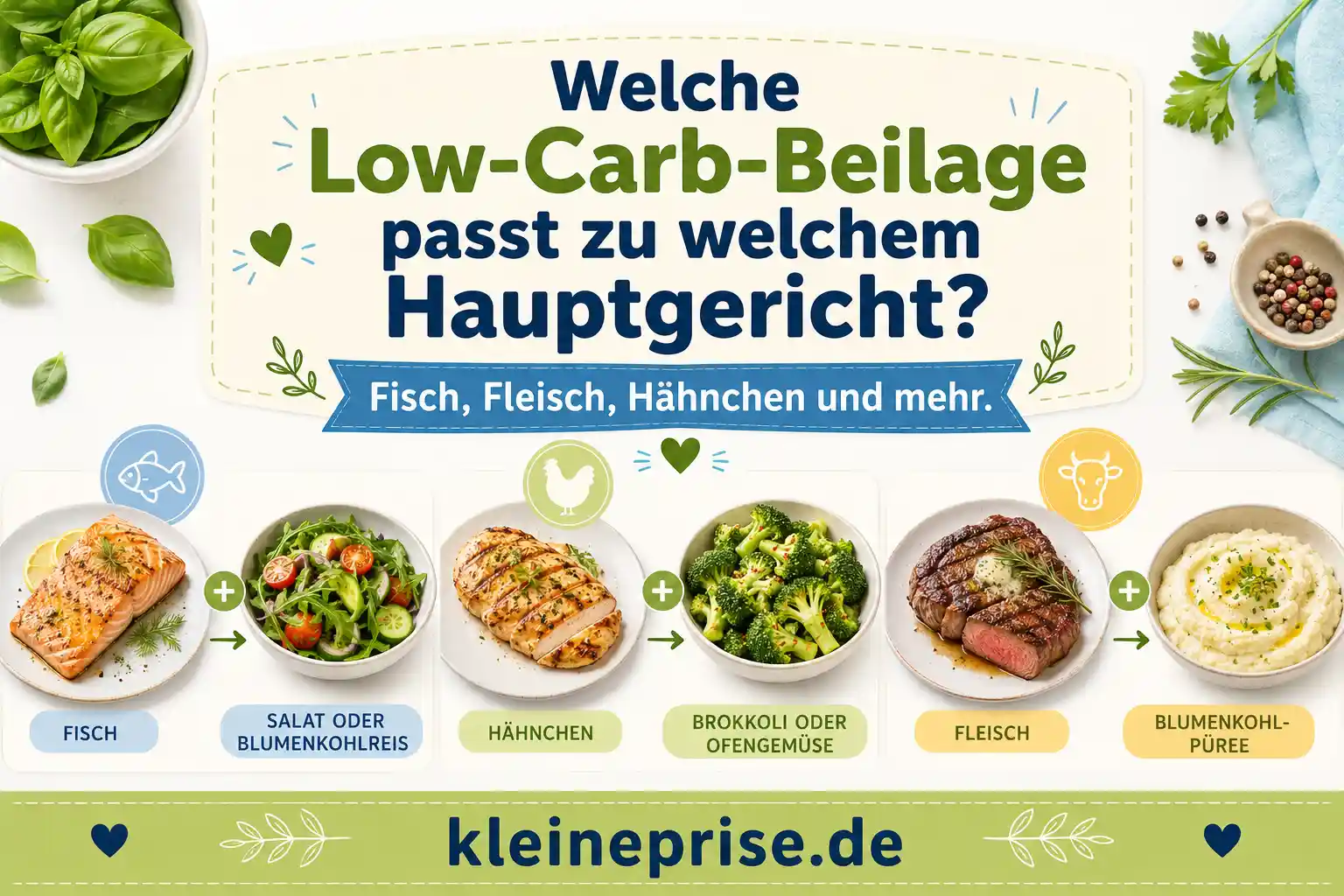 Welche Low-Carb-Beilage passt zu welchem Hauptgericht? Infografik mit Low-Carb-Beilagen zu Hauptgerichten wie Fisch, Hähnchen und Fleisch mit Salat, Brokkoli, Ofengemüse und Blumenkohlpüree