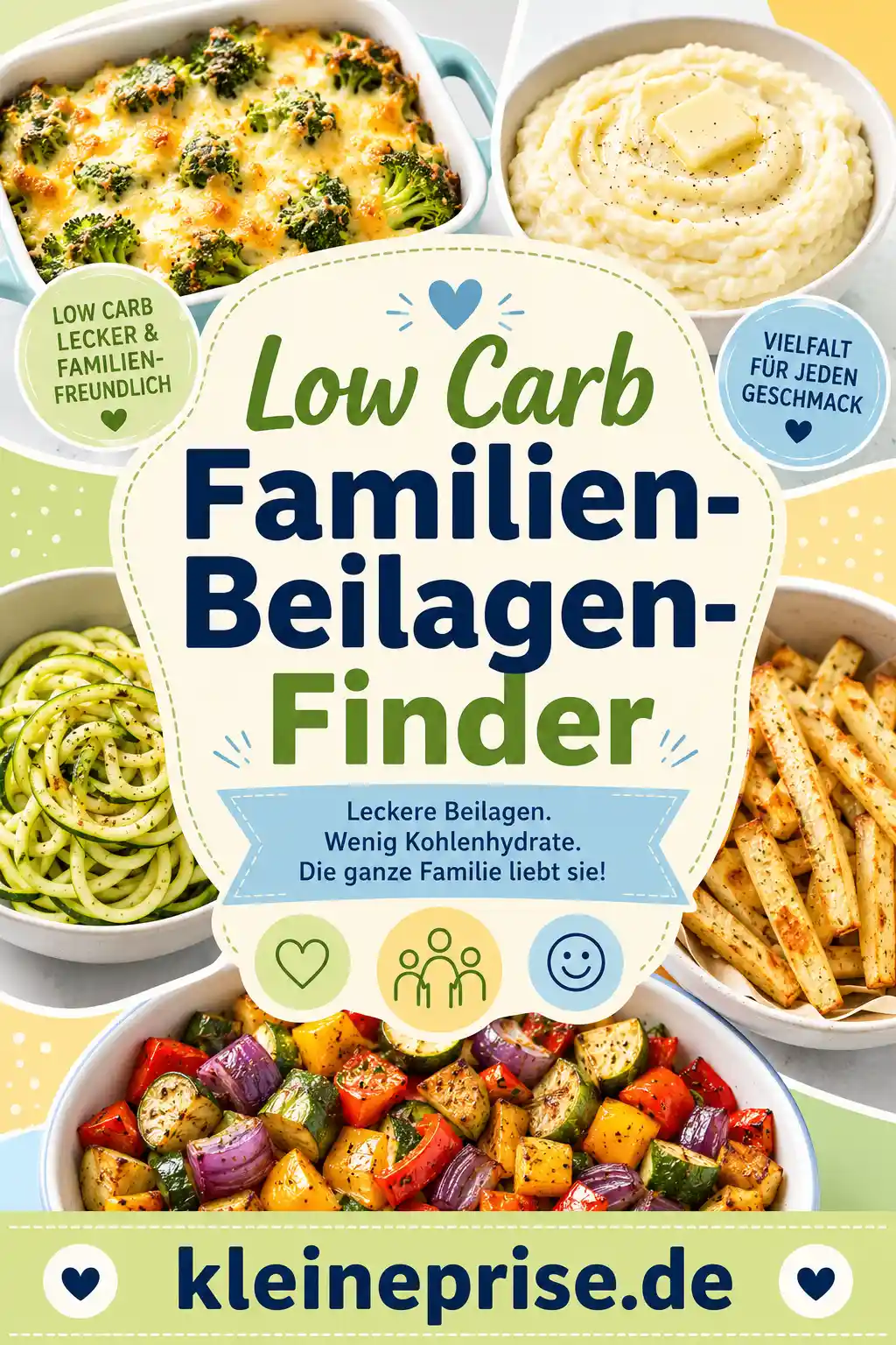 Low Carb Familien-Beilagen-Finder – Pinterest Bild Pinterest-Grafik zum Low Carb Familien-Beilagen-Finder mit großen Schriftzug, Blumenkohlpüree, Zucchini-Nudeln, Brokkoli-Auflauf, Ofengemüse und Gemüse-Pommes