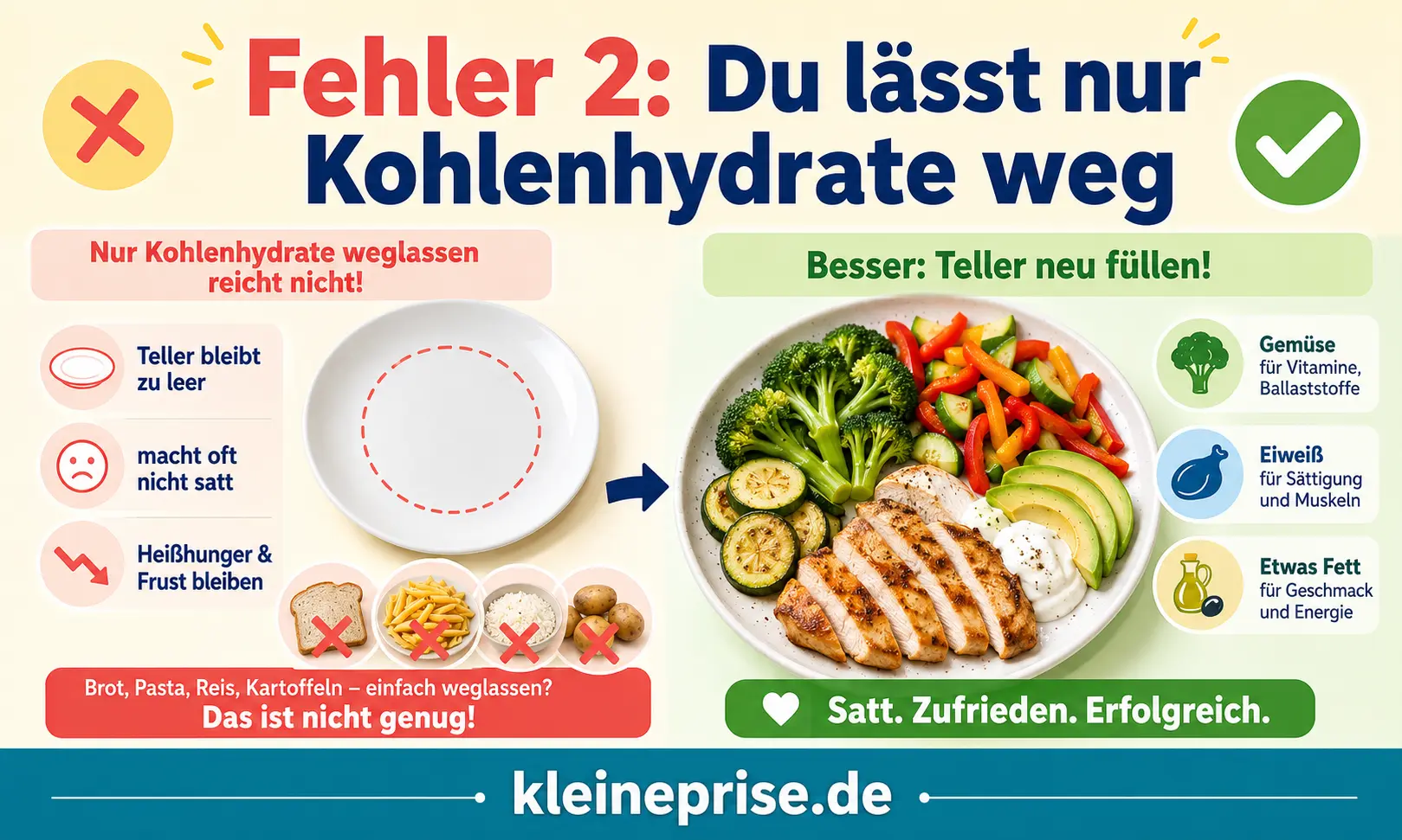 Fehler 2 Du lässt nur Kohlenhydrate weg Infografik zeigt Fehler 2 bei Low Carb: nur Kohlenhydrate weglassen reicht nicht, der Teller sollte mit Gemüse, Eiweiß und etwas Fett neu gefüllt werden.