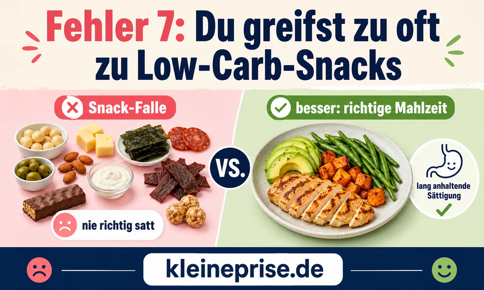 Fehler 7 Du greifst zu oft zu Low Carb Snacks Infografik zeigt Fehler 7 bei Low Carb: zu viele Low-Carb-Snacks essen statt richtige Mahlzeiten zu planen.