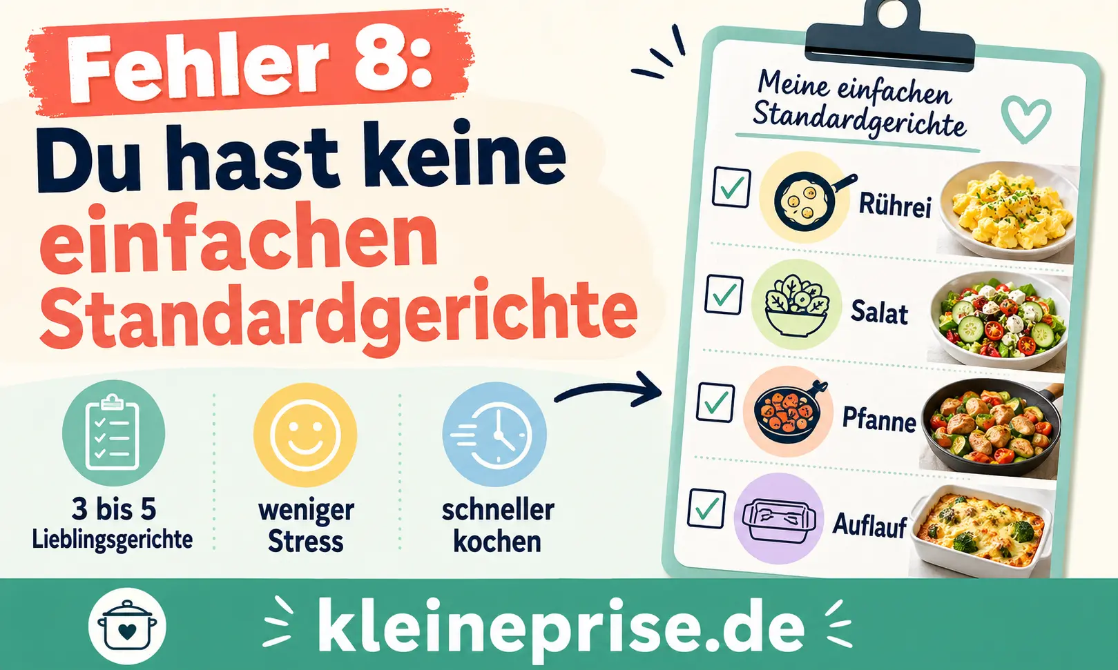 Fehler 8 Du hast keine einfachen Standardgerichte Infografik zeigt Fehler 8 bei Low Carb: keine einfachen Standardgerichte haben und besser 3 bis 5 Lieblingsgerichte für den Alltag planen.