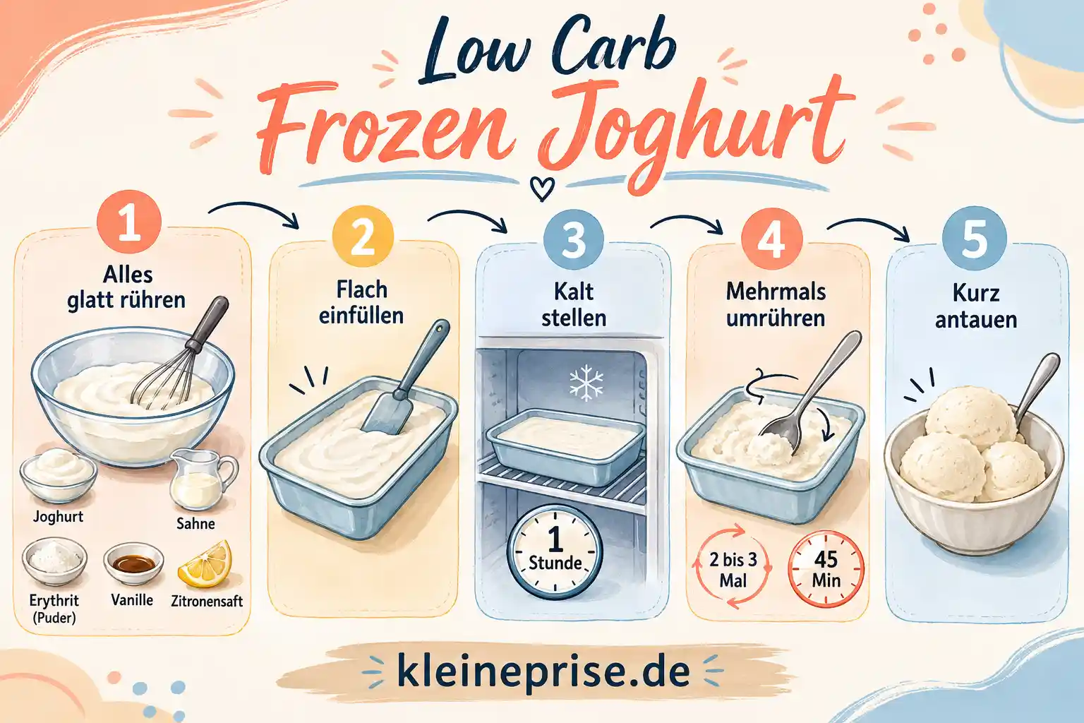 Low Carb Frozen Joghurt Schritt für Schritt Schritt für Schritt Grafik für Low Carb Frozen Joghurt mit fünf einfachen Zubereitungsschritten