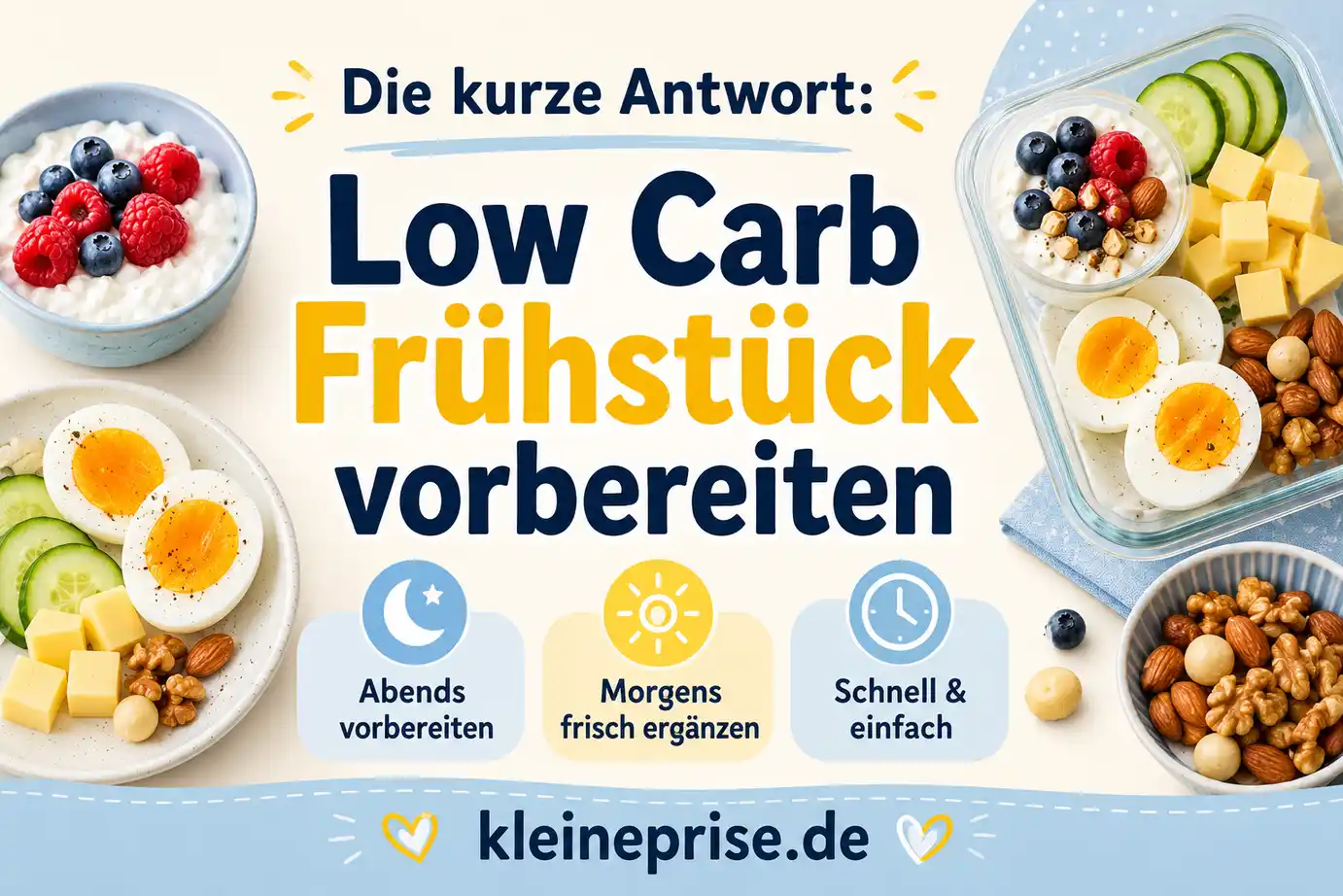 Wie kann man Low Carb Frühstück vorbereiten Infografik zur Frage, wie man Low Carb Frühstück vorbereiten kann mit abends vorbereiten, morgens frisch ergänzen und schnell frühstücken