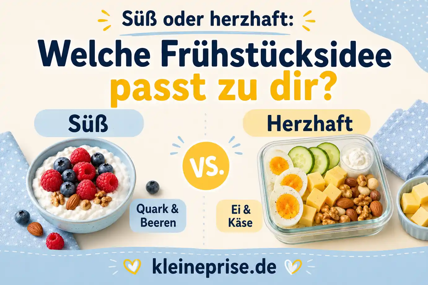 Süß oder herzhaft Low Carb Frühstück Infografik zu süßem oder herzhaftem Low Carb Frühstück mit Quark und Beeren sowie Ei, Käse, Gurke und Frühstücksbox