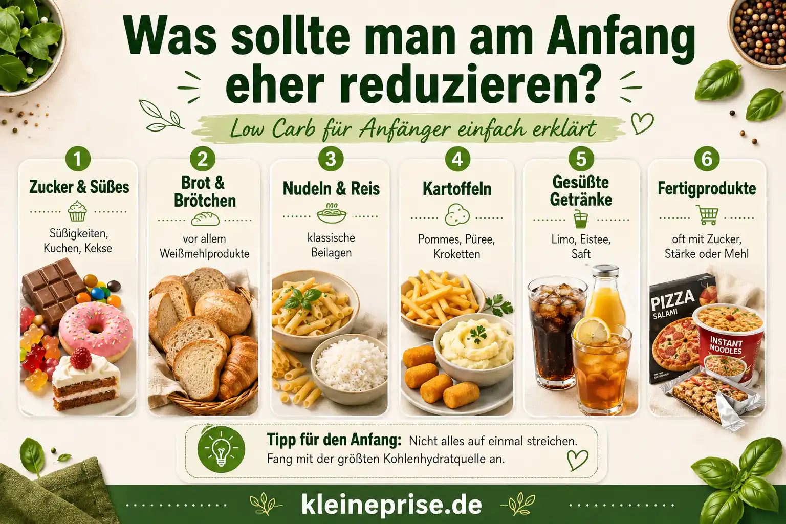 Was sollte man am Anfang eher reduzieren Infografik Infografik Was sollte man bei Low Carb am Anfang reduzieren mit Zucker Brot Nudeln Reis Kartoffeln süßen Getränken und Fertigprodukten