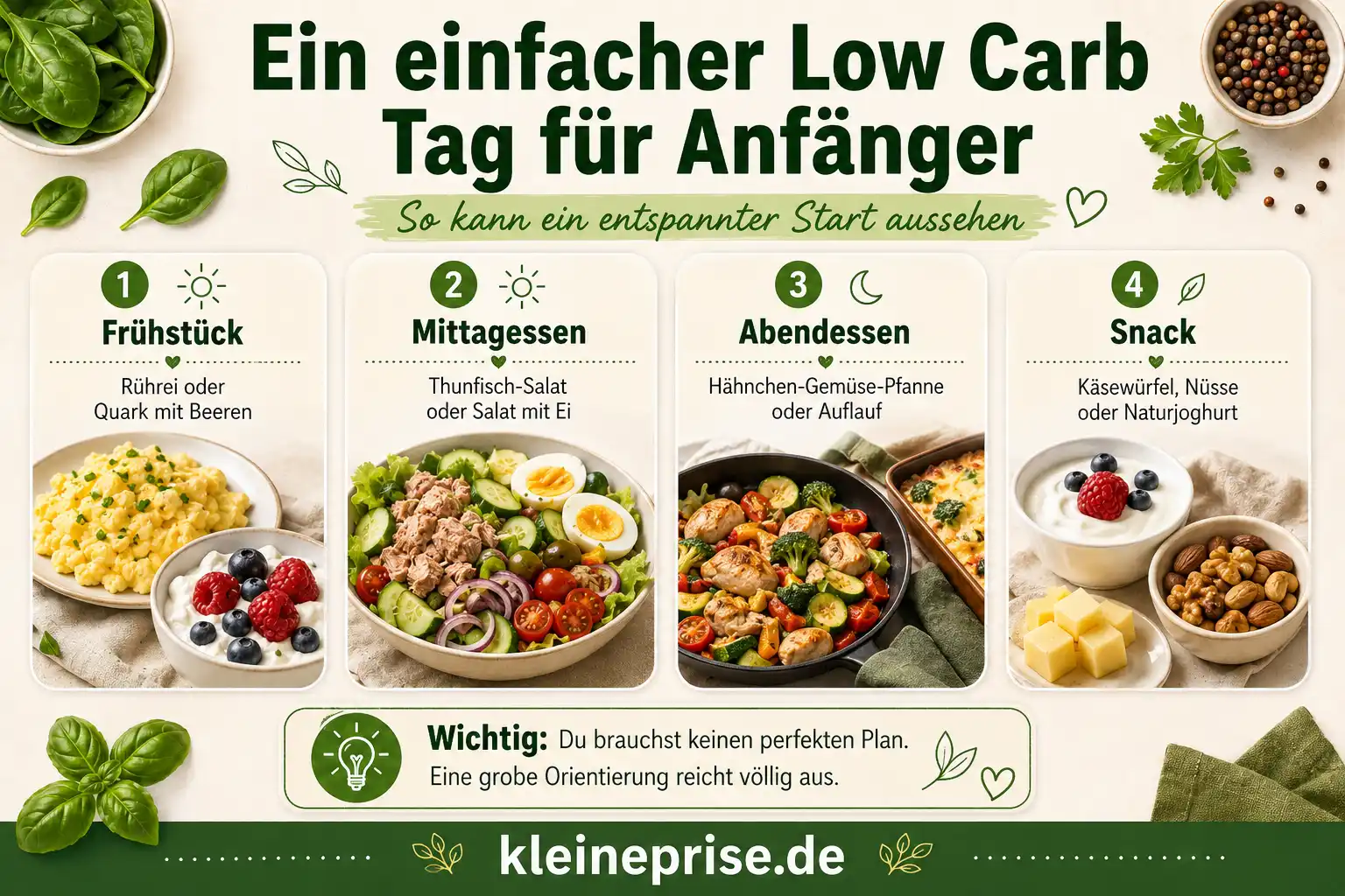 Ein einfacher Low Carb Tag für Anfänger Infografik Infografik Ein einfacher Low Carb Tag für Anfänger mit Frühstück Mittagessen Abendessen und Snack