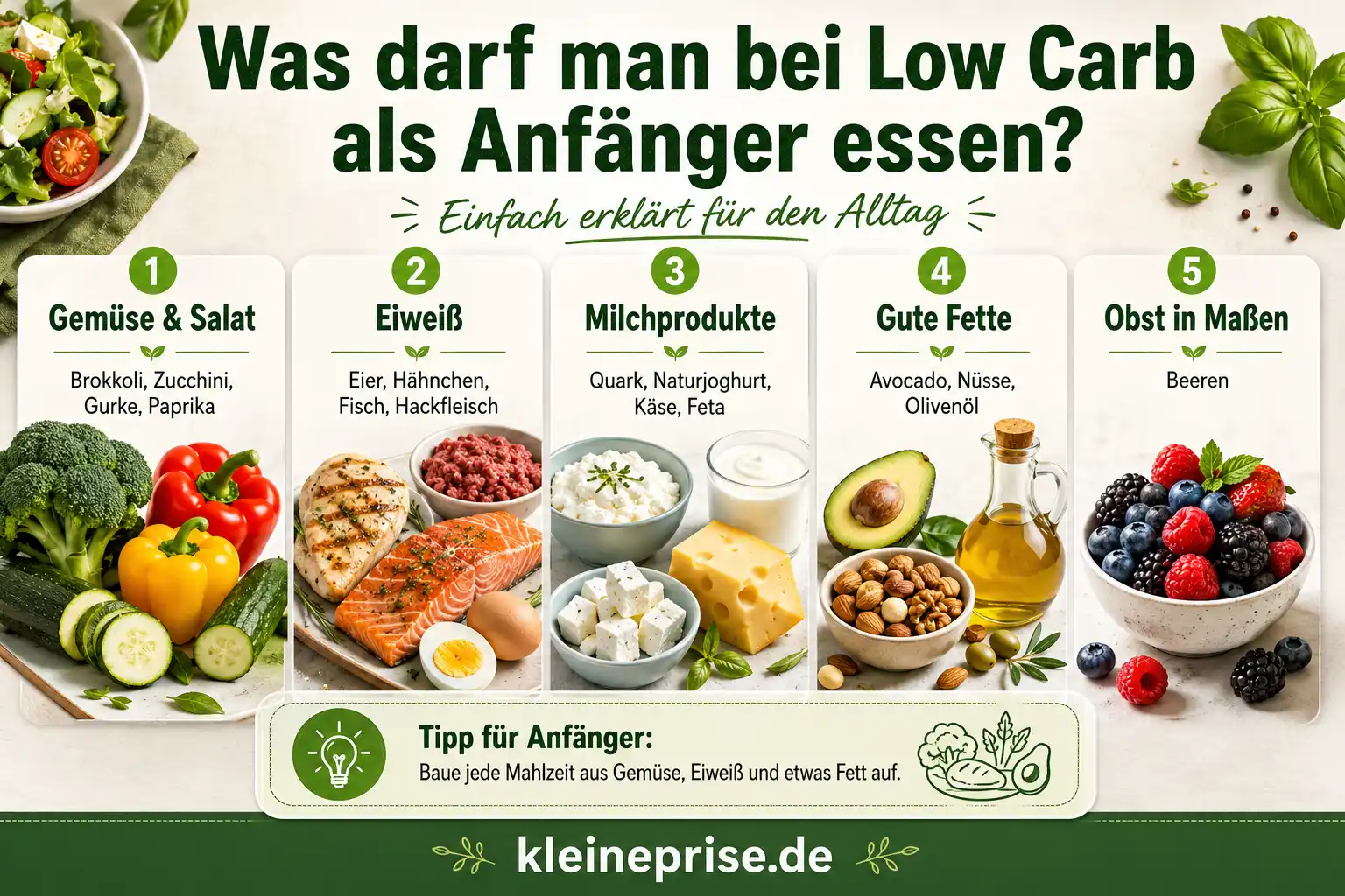 Was darf man bei Low Carb als Anfänger essen Infografik Infografik Was darf man bei Low Carb als Anfänger essen mit Gemüse Eiweiß Milchprodukten guten Fetten und Beeren