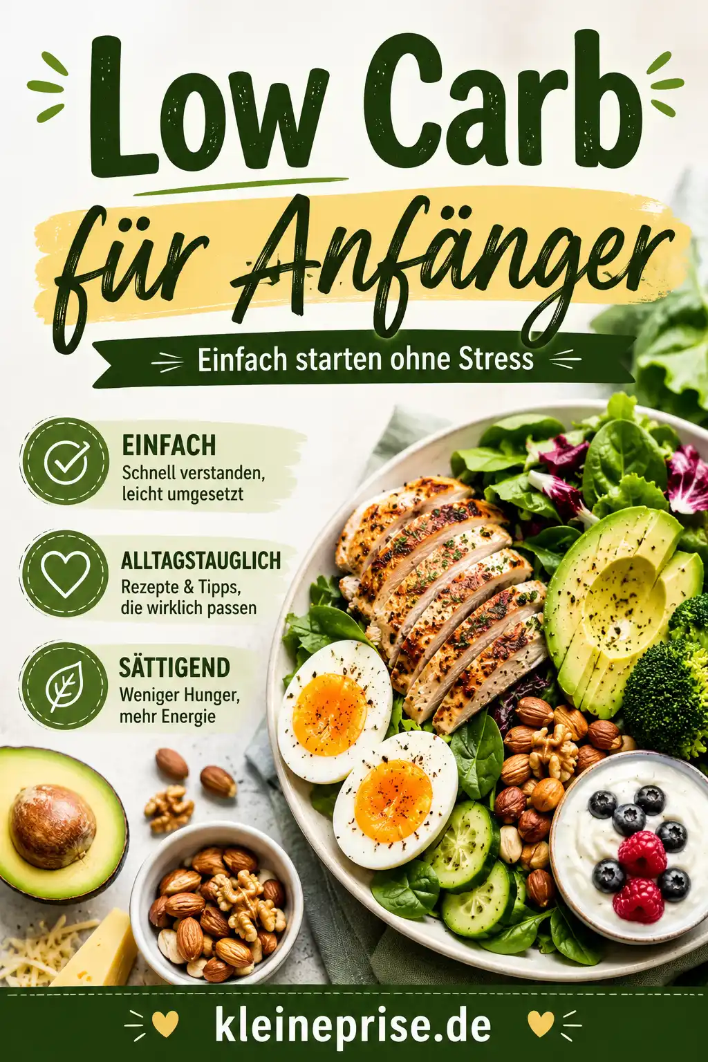 Low Carb für Anfänger Pinterest Grafik Pinterest Grafik Low Carb für Anfänger mit einfachen Tipps und passenden Low Carb Lebensmitteln