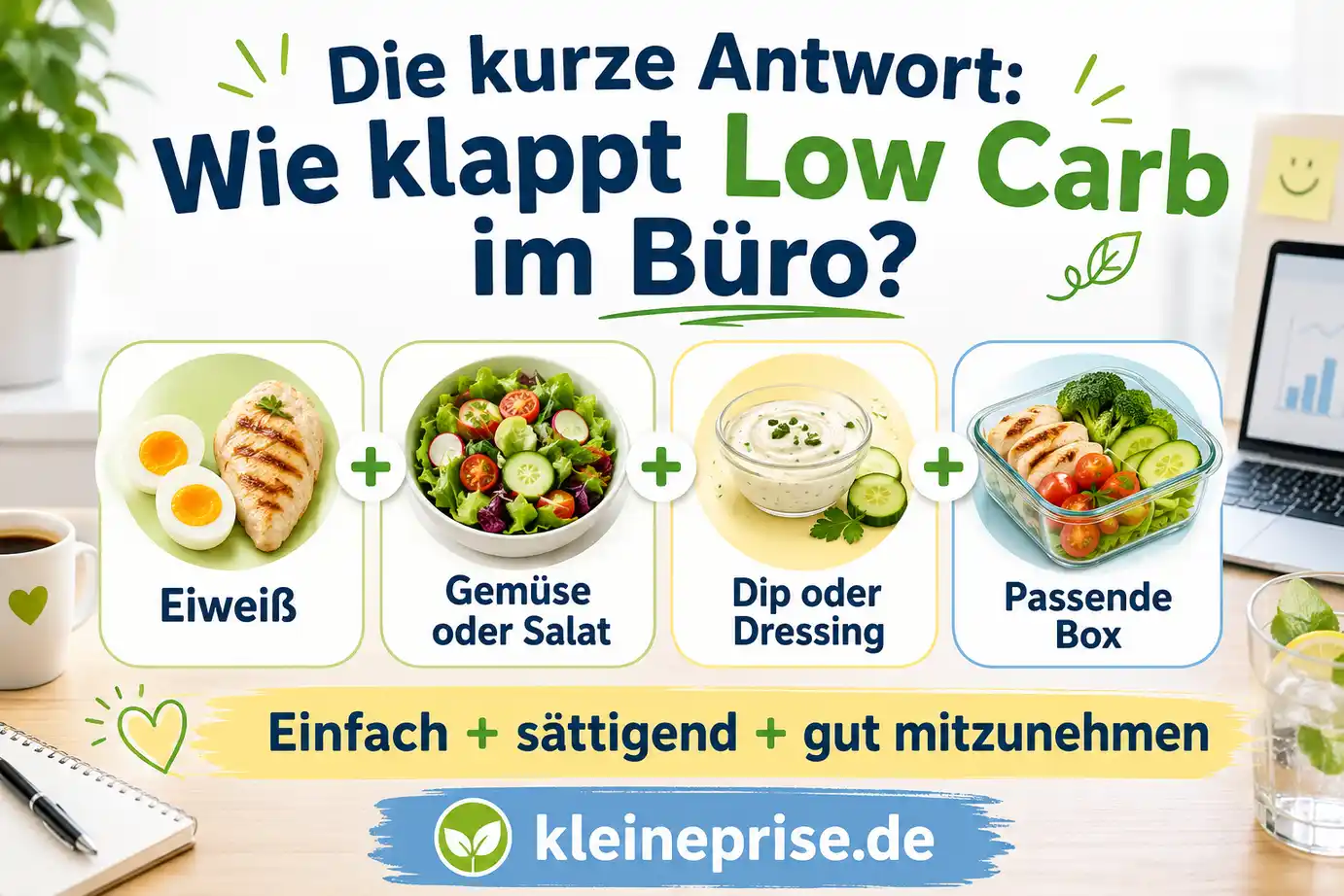 Die kurze Antwort: Wie klappt Low Carb im Büro? Infografik erklärt, wie Low Carb im Büro klappt: Eiweiß, Gemüse oder Salat, Dip oder Dressing und eine passende Box.