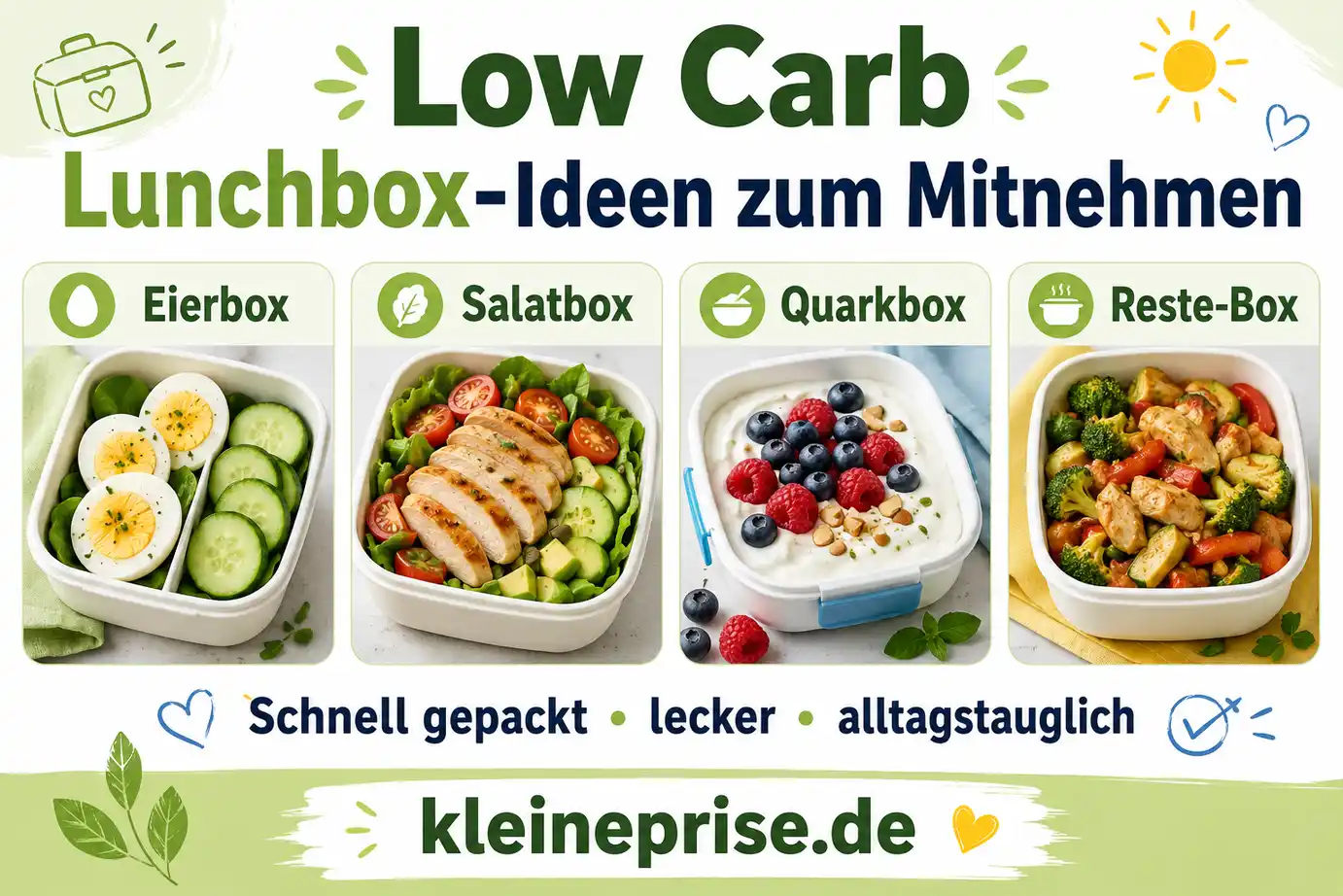 Low Carb Lunchbox-Ideen zum Mitnehmen Infografik zeigt Low Carb Lunchbox-Ideen zum Mitnehmen wie Eierbox, Salatbox, Quarkbox und Reste-Box.
