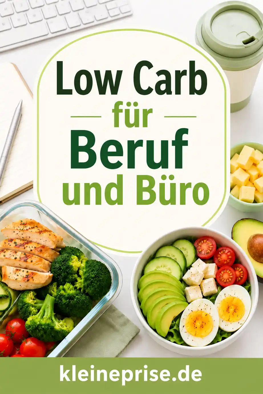 Low Carb für Beruf und Büro Pinterest Pin Pinterest-Grafik mit dem Schriftzug Low Carb für Beruf und Büro, Low-Carb-Lunchbox, Büroessen, Gemüse, Eiern und dem Webseitennamen kleineprise.de.