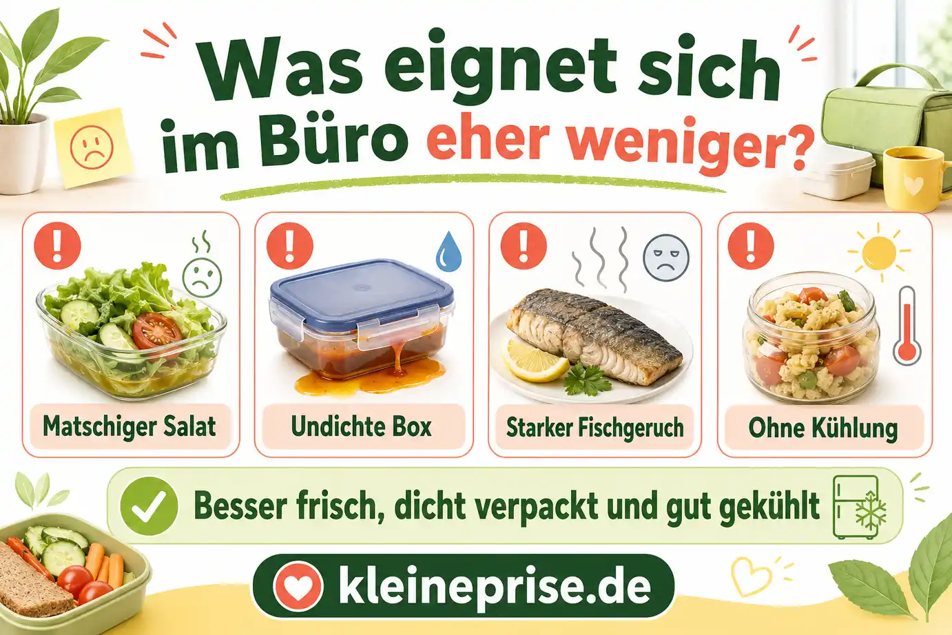 Was eignet sich im Büro eher weniger? Infografik zeigt, was sich im Büro eher weniger eignet: matschiger Salat, undichte Box, starker Fischgeruch und Essen ohne Kühlung.