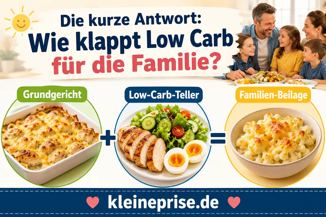 Die kurze Antwort: Wie klappt Low Carb für die Familie? Infografik erklärt, wie Low Carb für die Familie klappt: Grundgericht, Low-Carb-Teller und Familien-Beilage flexibel kombinieren.