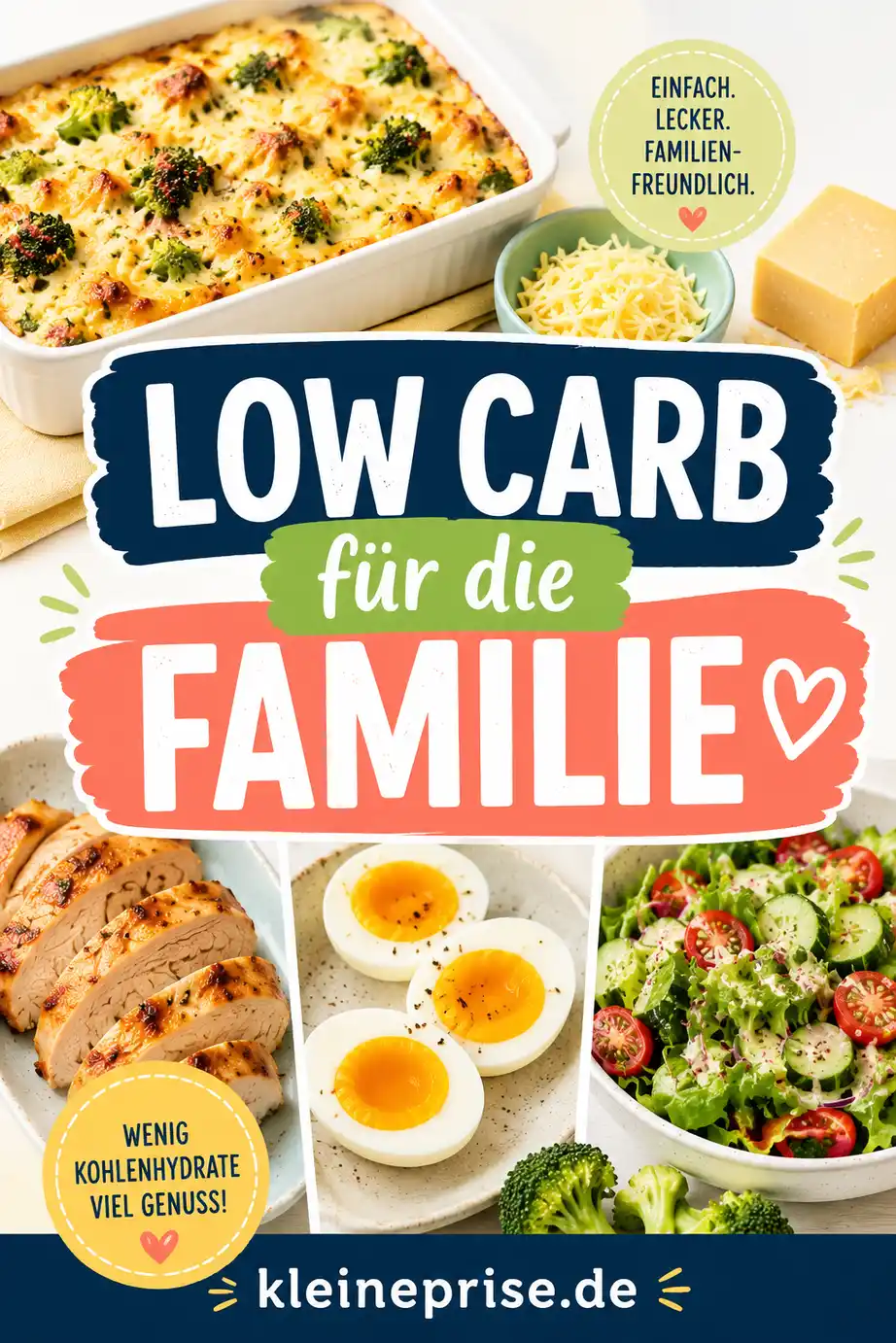 Low Carb für die Familie Pinterest Pin Pinterest-Grafik mit dem Schriftzug Low Carb für die Familie, hellen Familiengerichten, Auflauf, Hähnchen, Eiern, Salat und dem Webseitennamen kleineprise.de.