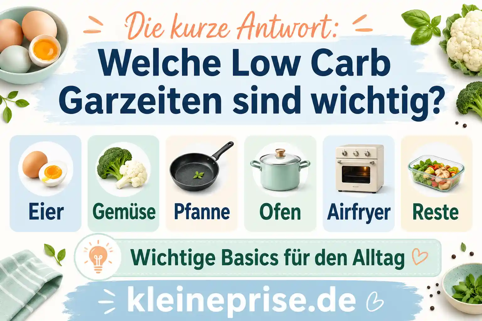 Die kurze Antwort – Welche Low Carb Garzeiten sind wichtig? Infografik zur Frage, welche Low Carb Garzeiten wichtig sind, mit Übersicht zu Eiern, Gemüse, Pfanne, Ofen, Airfryer und Resten