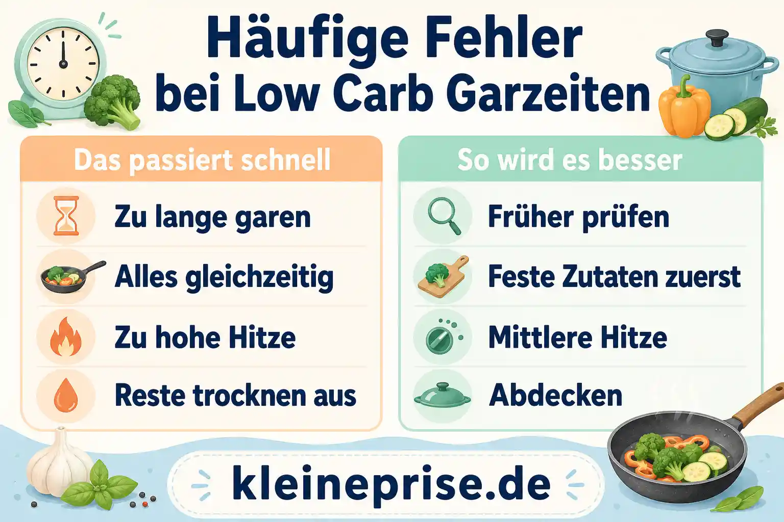 Häufige Fehler bei Low Carb Garzeiten Infografik mit häufigen Fehlern bei Low Carb Garzeiten und besseren Lösungen wie früher prüfen, feste Zutaten zuerst und mittlere Hitze