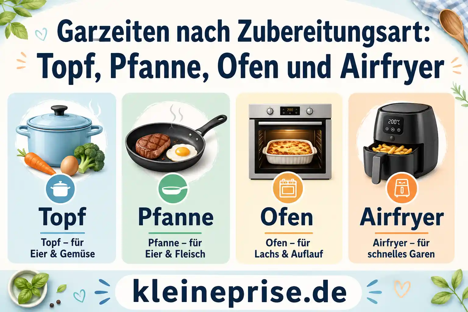 Garzeiten nach Zubereitungsart – Topf, Pfanne, Ofen und Airfryer Infografik zu Low Carb Garzeiten nach Zubereitungsart mit Topf, Pfanne, Ofen und Airfryer