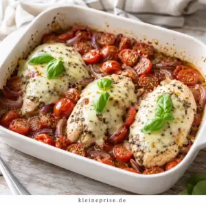 Low Carb Gebackenes Hähnchen Caprese Low Carb Gebackenes Hähnchen Caprese mit Tomaten und Mozzarella aus dem Ofen