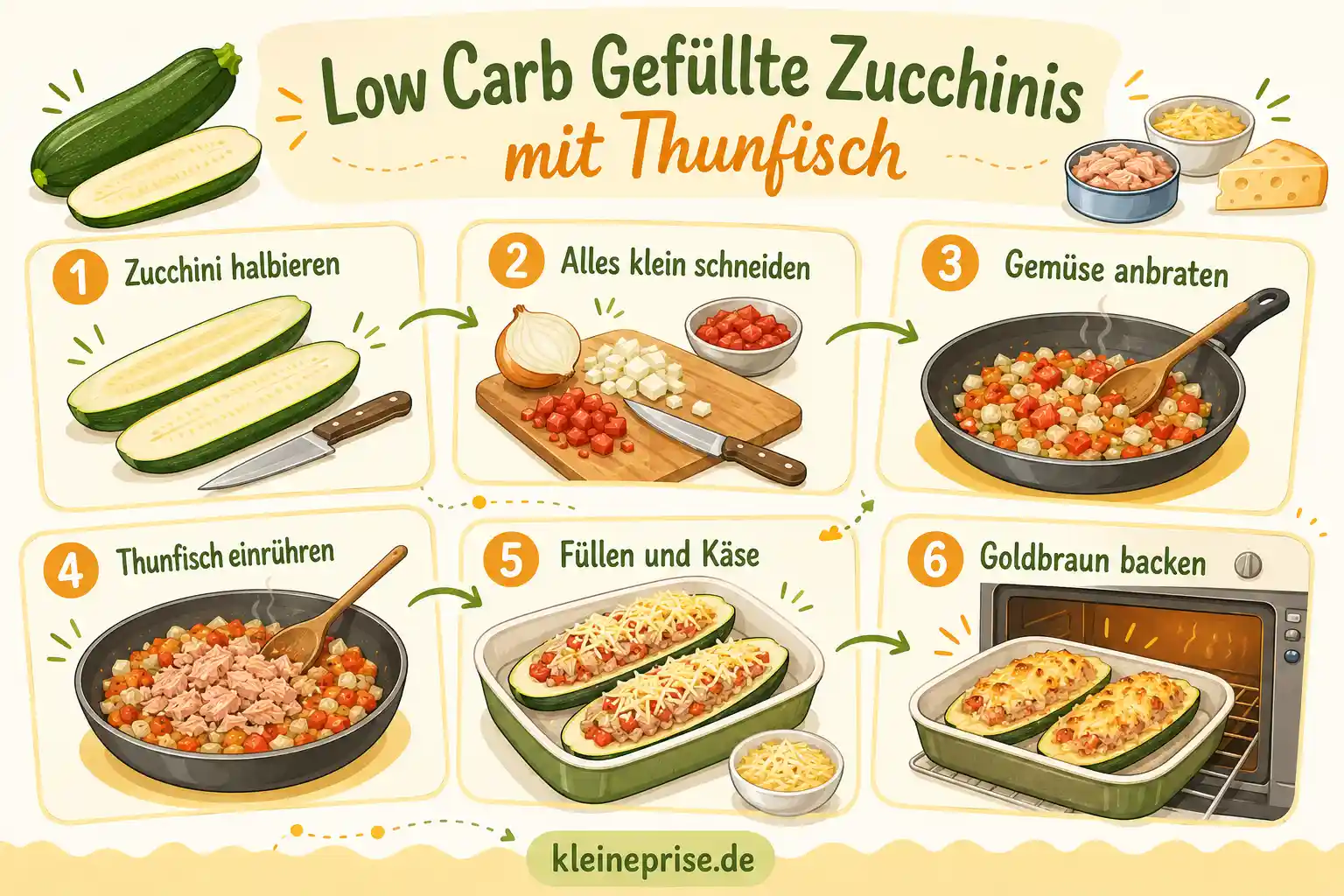 Low Carb Gefüllte Zucchinis mit Thunfisch Schritt für Schritt Schritt für Schritt Anleitung für Low Carb Gefüllte Zucchinis mit Thunfisch