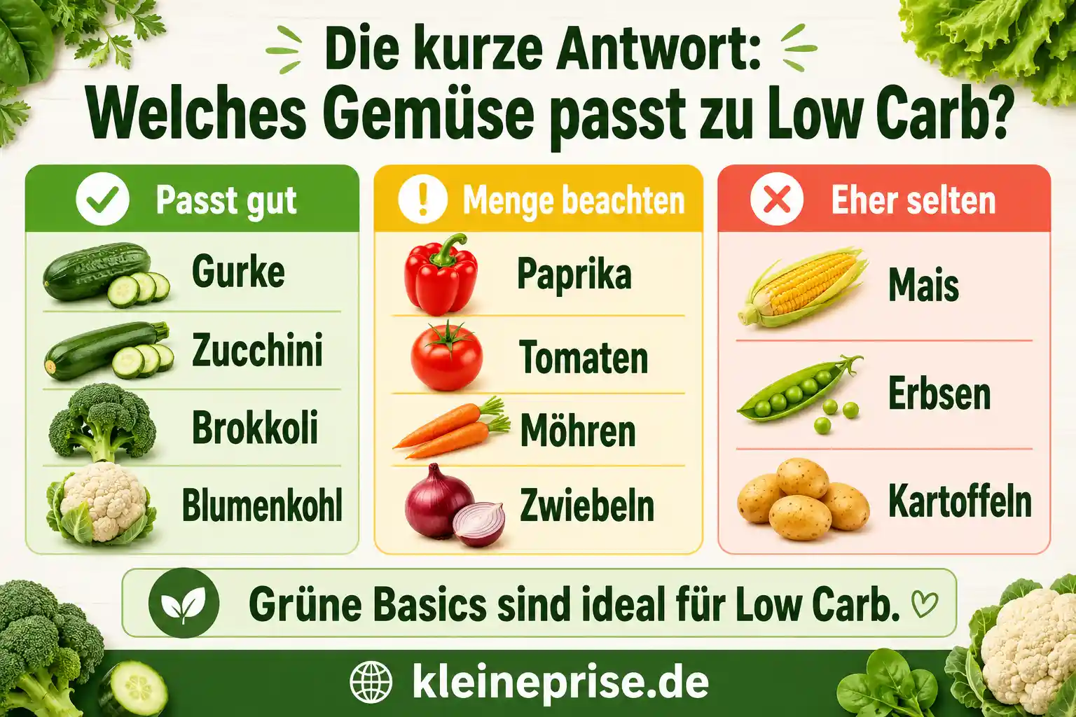 Welches Gemüse passt zu Low Carb? Infografik zeigt, welches Gemüse zu Low Carb passt, welche Sorten in kleinen Mengen sinnvoll sind und welches Gemüse eher selten verwendet wird.