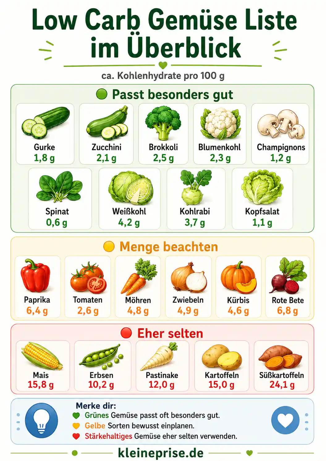 Low Carb Gemüse Liste im Überblick Low Carb Gemüse Liste im Überblick mit Gemüsesorten, Kohlenhydratangaben und Ampel-Einteilung
