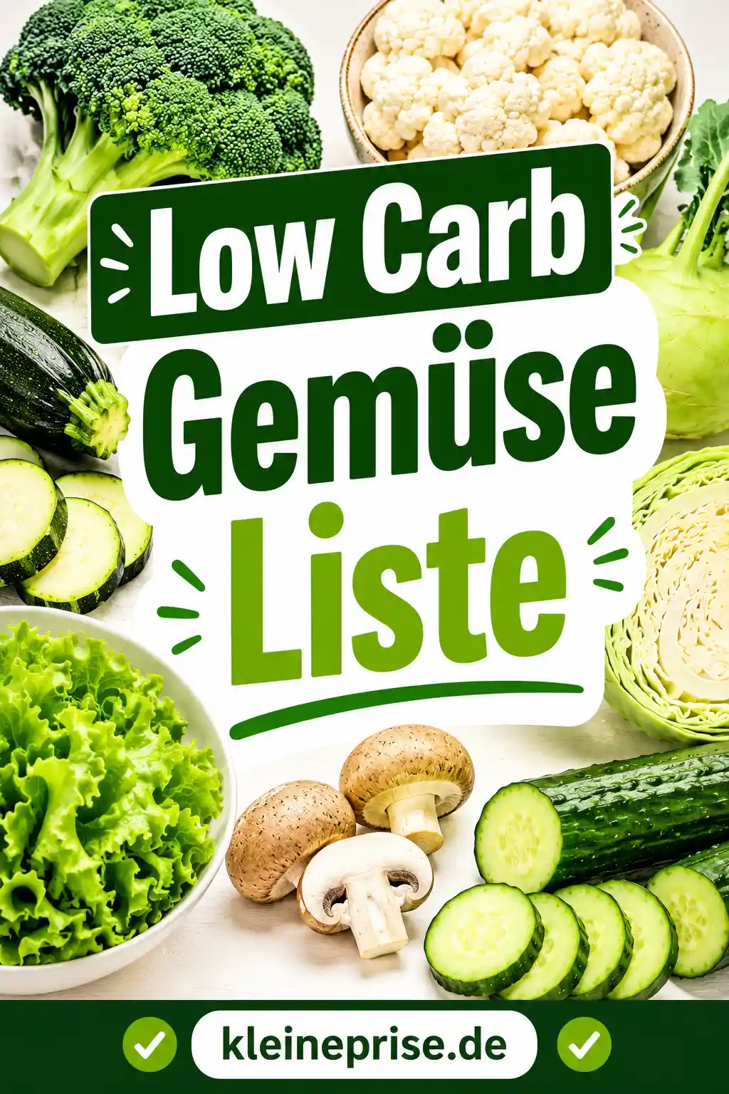 Low Carb Gemüse Liste Pinterest Pin Pinterest-Grafik mit dem Schriftzug Low Carb Gemüse Liste, verschiedenen Low-Carb-Gemüsesorten und dem Webseitennamen kleineprise.de.