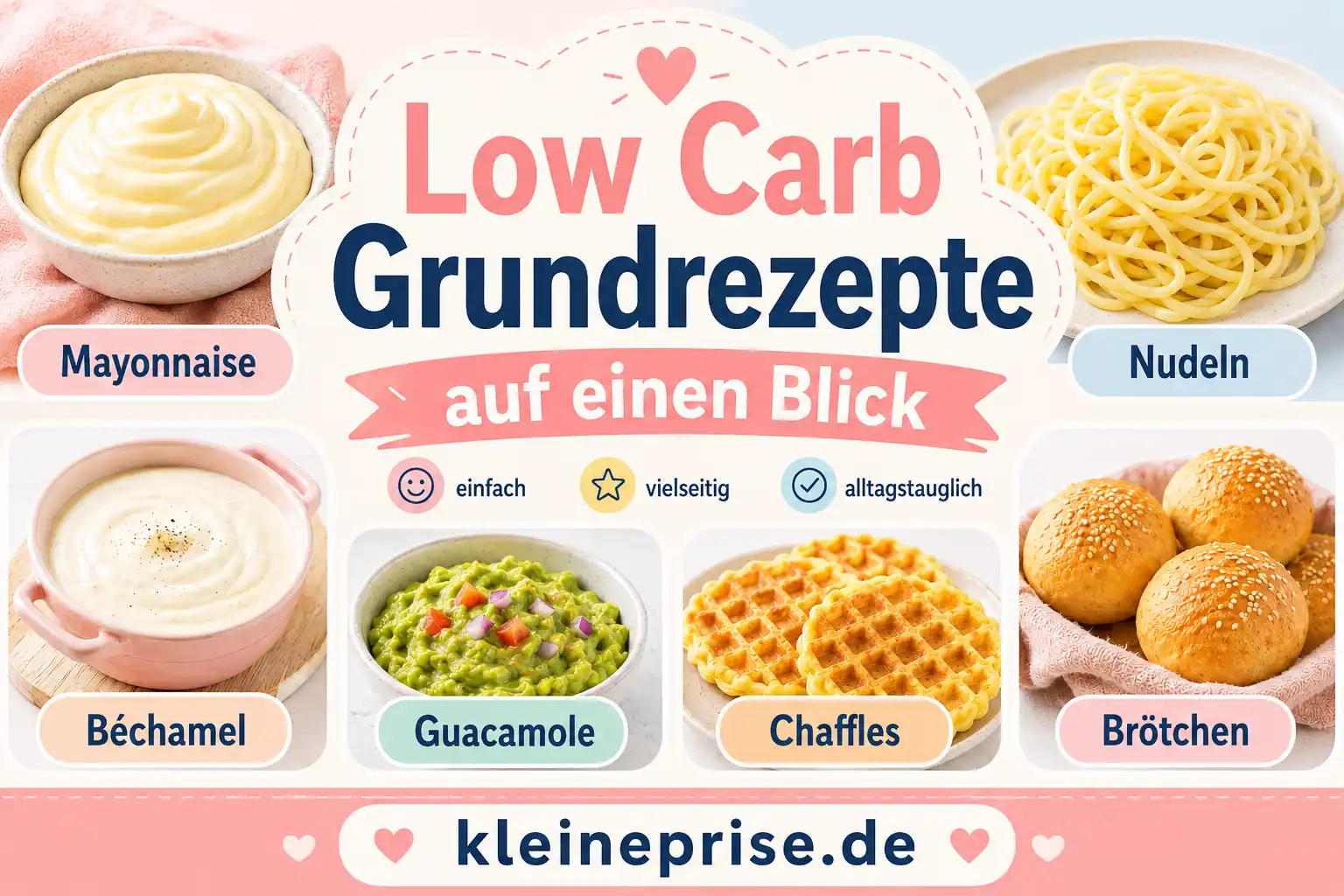 Low Carb Grundrezepte auf einen Blick Infografik Low Carb Grundrezepte auf einen Blick mit Mayonnaise, Nudeln, Béchamel, Guacamole, Chaffles und Brötchen
