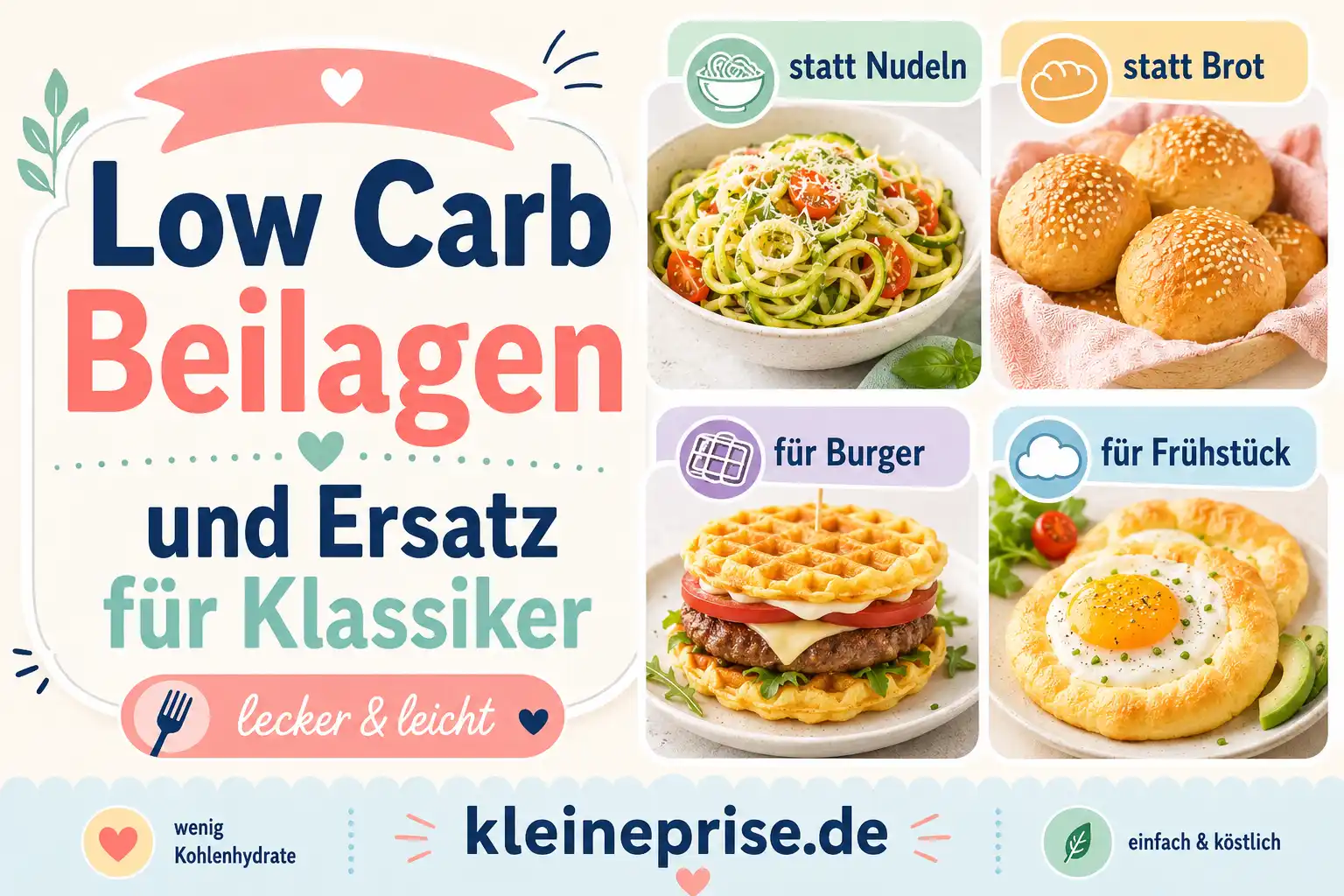 Low Carb Beilagen und Ersatz für Klassiker Infografik Low Carb Beilagen und Ersatz für Klassiker mit Nudeln, Brötchen, Chaffles und Oopsies
