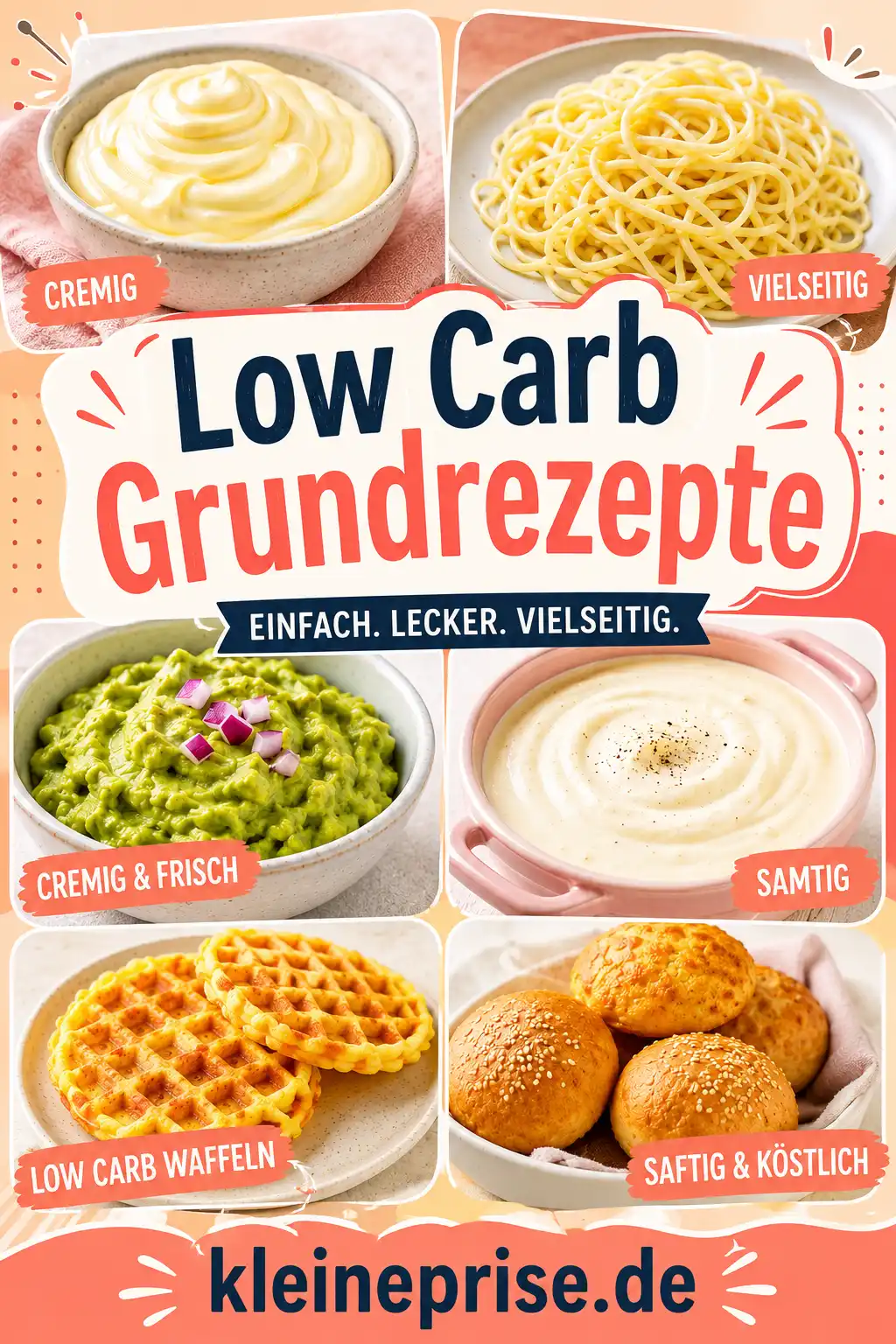 Low Carb Grundrezepte für Pinterest Pinterest Bild Low Carb Grundrezepte mit Soßen, Dips, Nudeln, Chaffles und Low Carb Brötchen