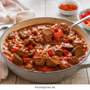 Low Carb Gulasch einfach und deftig gekocht Low Carb Gulasch mit Rindfleisch, Paprika und würziger Soße in einem hellen Topf
