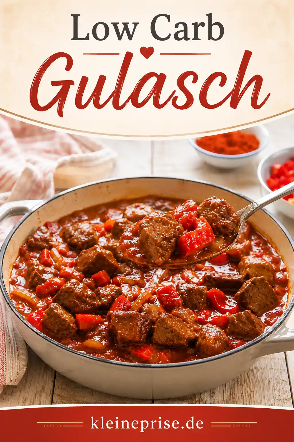 Low Carb Gulasch Pinterest Pin Pinterest Bild für Low Carb Gulasch mit Rindfleisch, Paprika und Rezepttitel