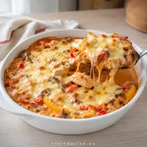 Low Carb Gyros-Auflauf mit Hähnchen, Paprika und Käse Low Carb Gyros-Auflauf mit Hähnchen, Paprika, Champignons und Käse aus der Auflaufform