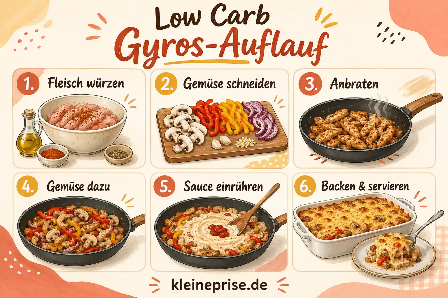 Low Carb Gyros-Auflauf Schritt für Schritt Anleitung Schritt für Schritt Grafik für Low Carb Gyros-Auflauf mit Fleisch würzen, Gemüse schneiden, anbraten, Sauce einrühren und backen