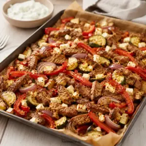 Low Carb Gyros vom Blech mit Gemüse und Feta Low Carb Gyros vom Blech mit Schweinefleisch, Paprika, Zucchini, roten Zwiebeln und Feta